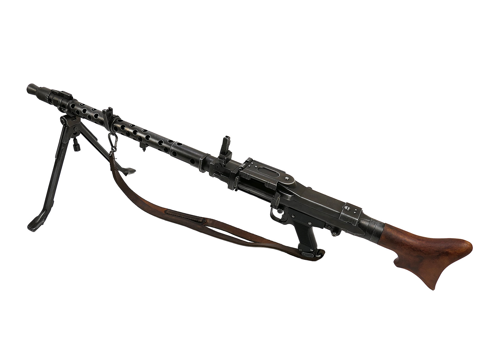 Wehrmacht MG34 machine gun decorative model, film prop, metal, antique finish, with wooden shoulder rest and carrying strap