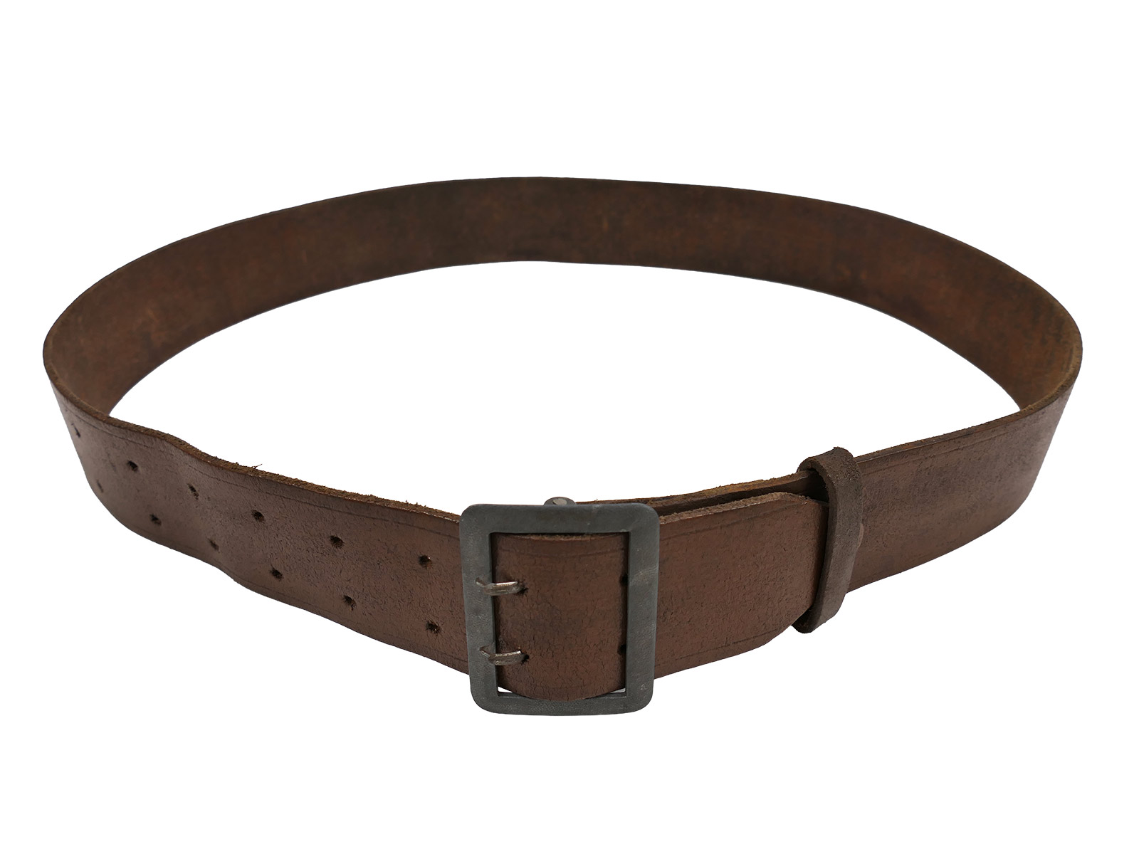 Antique officer’s double-pronged belt, brown, 45mm, leather belt, brown, total length 106cm, BATTLE WORN
