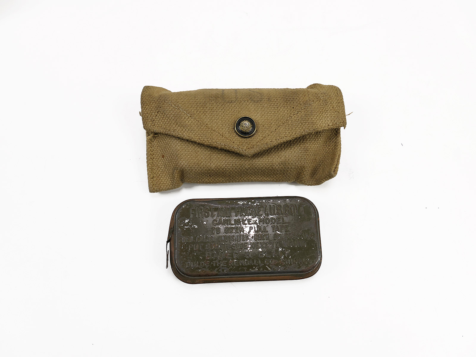 US Army First Aid Kit – British-made pouch + Carlisle dressing – First aid kit in an olive tin – BATTLE WORN