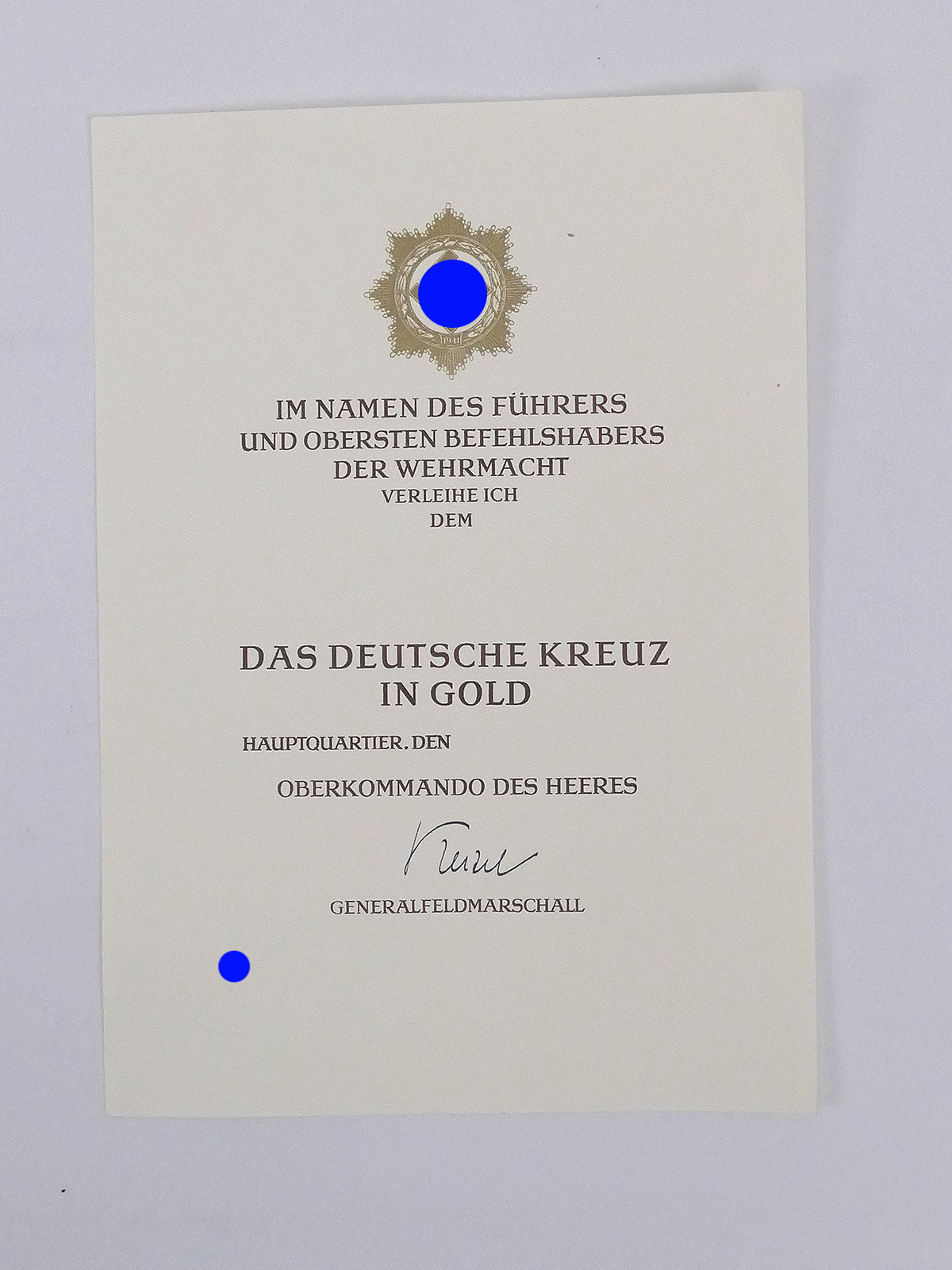 Large Blank Certificate German Cross in Gold Award Certificate GFM Keitel