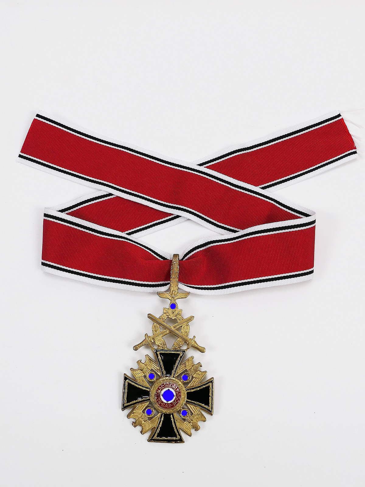 German Order of the NSDAP 1st level neck cross w. laurel wreath / swords + collar ribbon