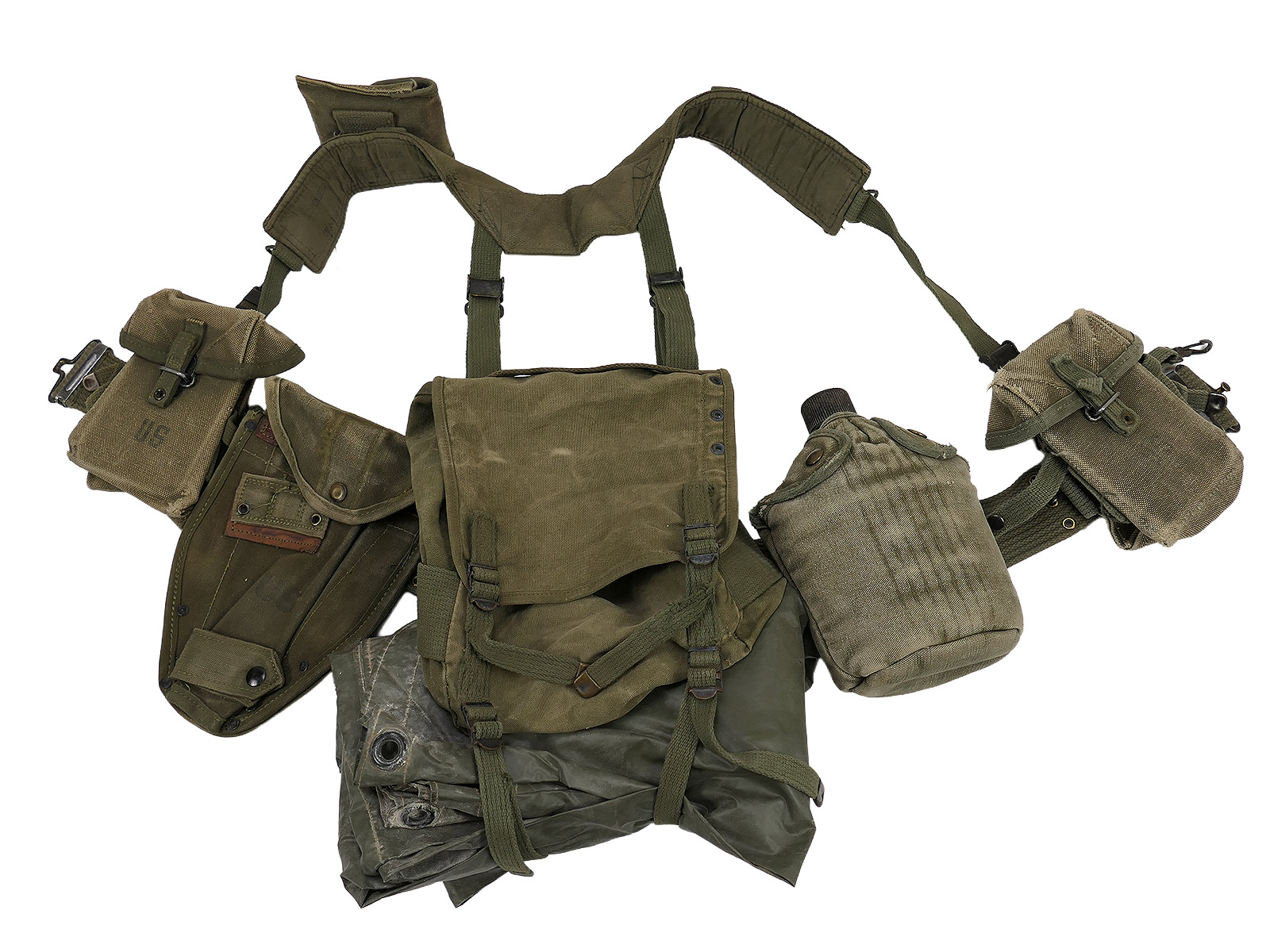 #QQ/ US Army Vietnam Assault Kit M-1956 Pack – Pistol Belt, Canteen and Magazine Pouches, Buttpack, PONCHO, Suspenders
