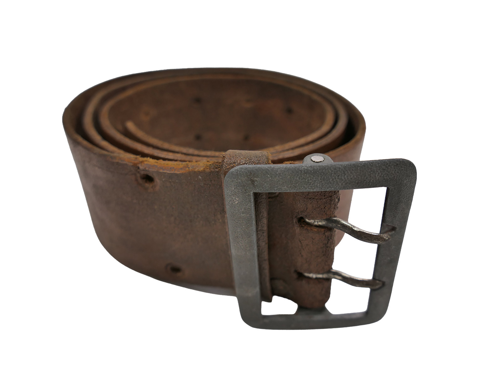 Antique officer’s double-pronged belt, brown, 45mm, leather belt, brown, total length 106cm, BATTLE WORN