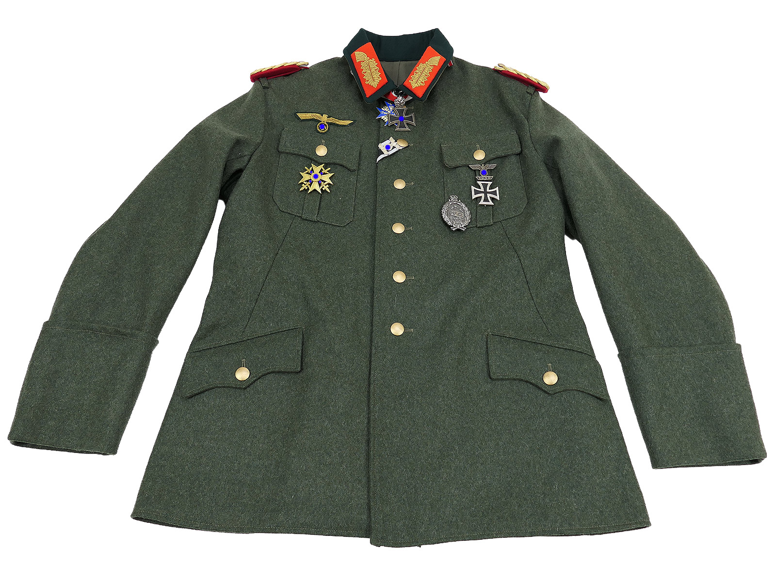Wehrmacht M36 uniform field tunic, General’s Grade 54, with Knight’s Cross of the Pour le Mérite and the Spain Cross, worn