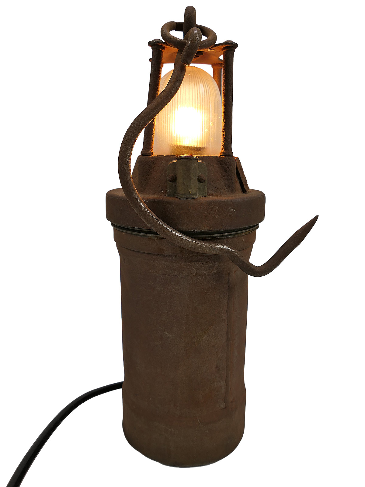 Vintage antique lamp, miner’s lamp, bunker lamp, light fitting with hook, rewired – BEDSIDE LAMP