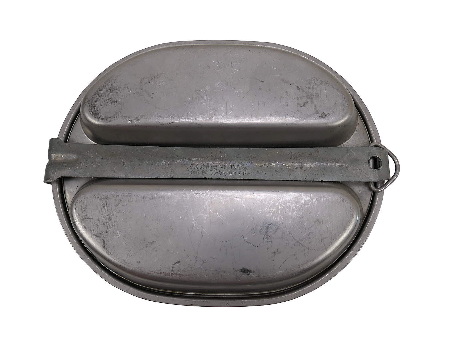 #07/ Original US Army mess kit, VIETNAM 1960s cookware, Canteen Greene 1960 COLLECTION, BATTLE-WEARED