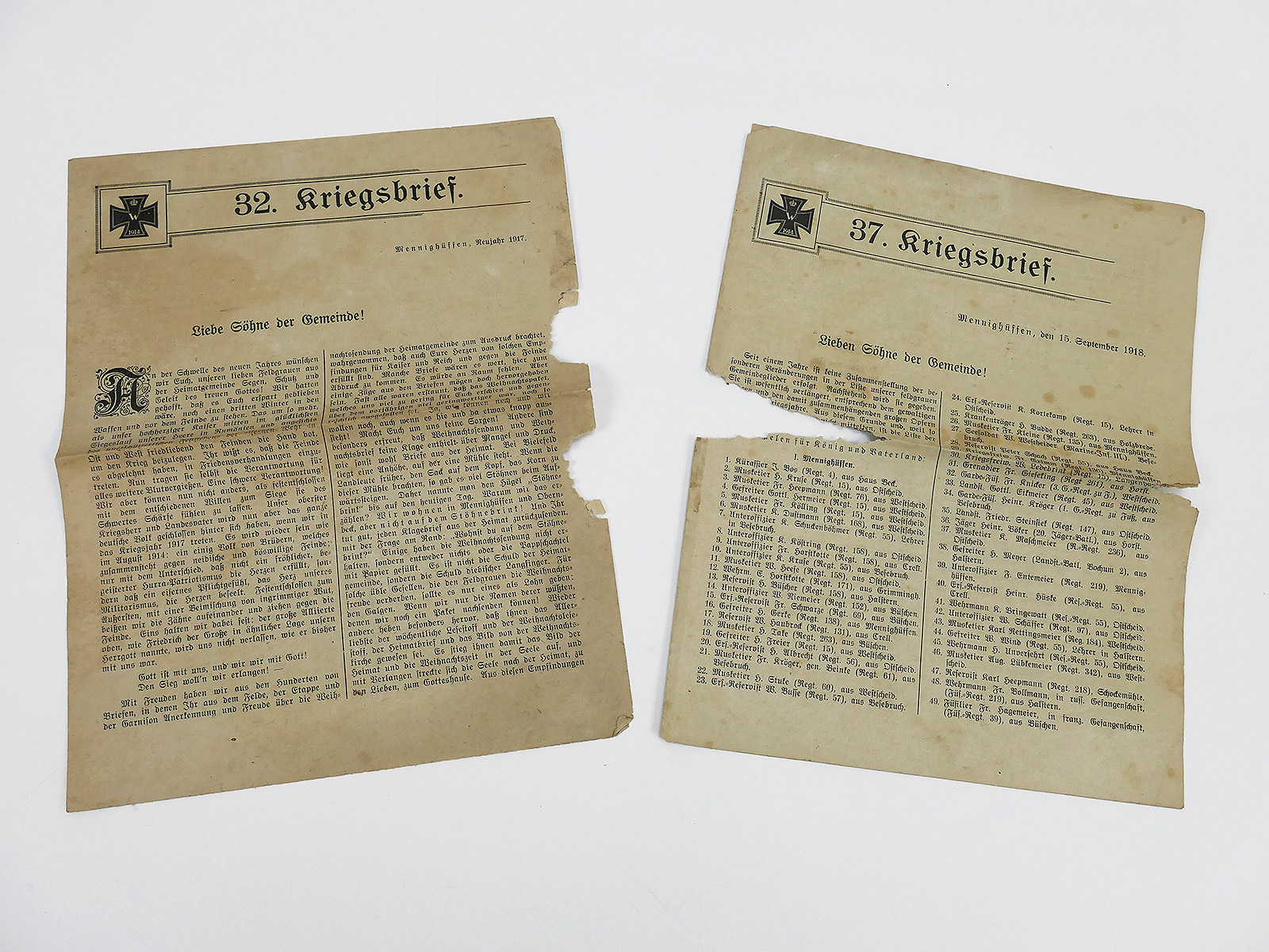 2x war letter 1st World War 1917 + 1918 Municipality of Mennighüffen