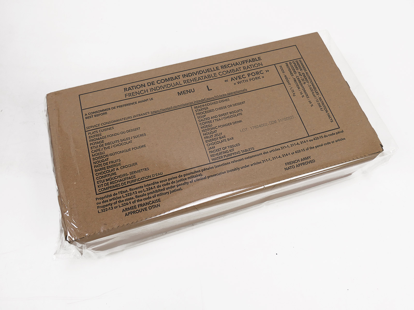 French ARMY EPA MRE 1x Combat Ration MEAL BOX Menu "L" PORK Reheatable 24h