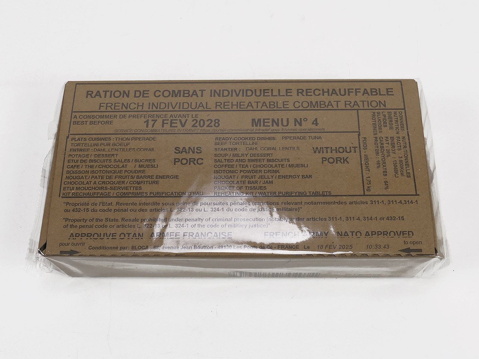 1x French ARMY EPA MRE 1x Combat Ration MEAL BOX Menu "4" Beef Tortellini / Pip. Tuna