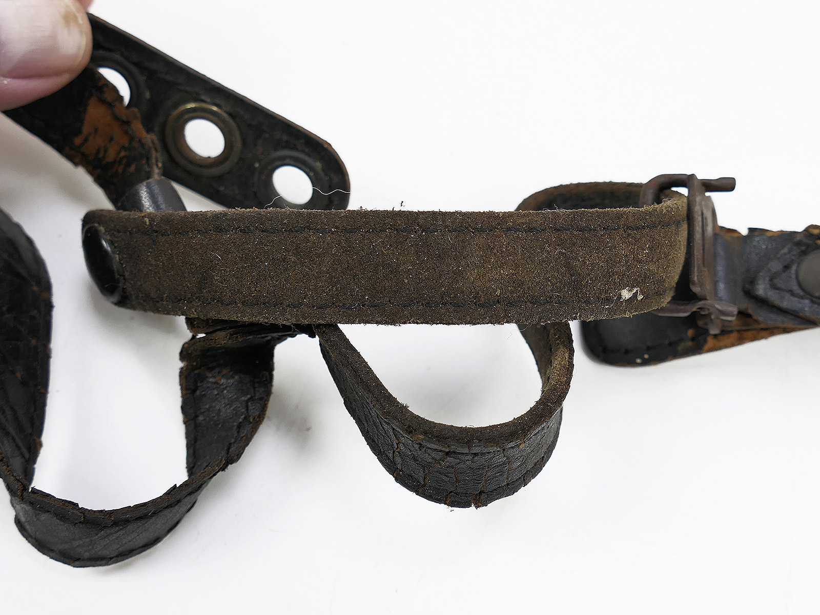 Vintage LW chin strap paratrooper helmet M38 steel helmet Luftwaffe chin strap leather BATTLE WORN