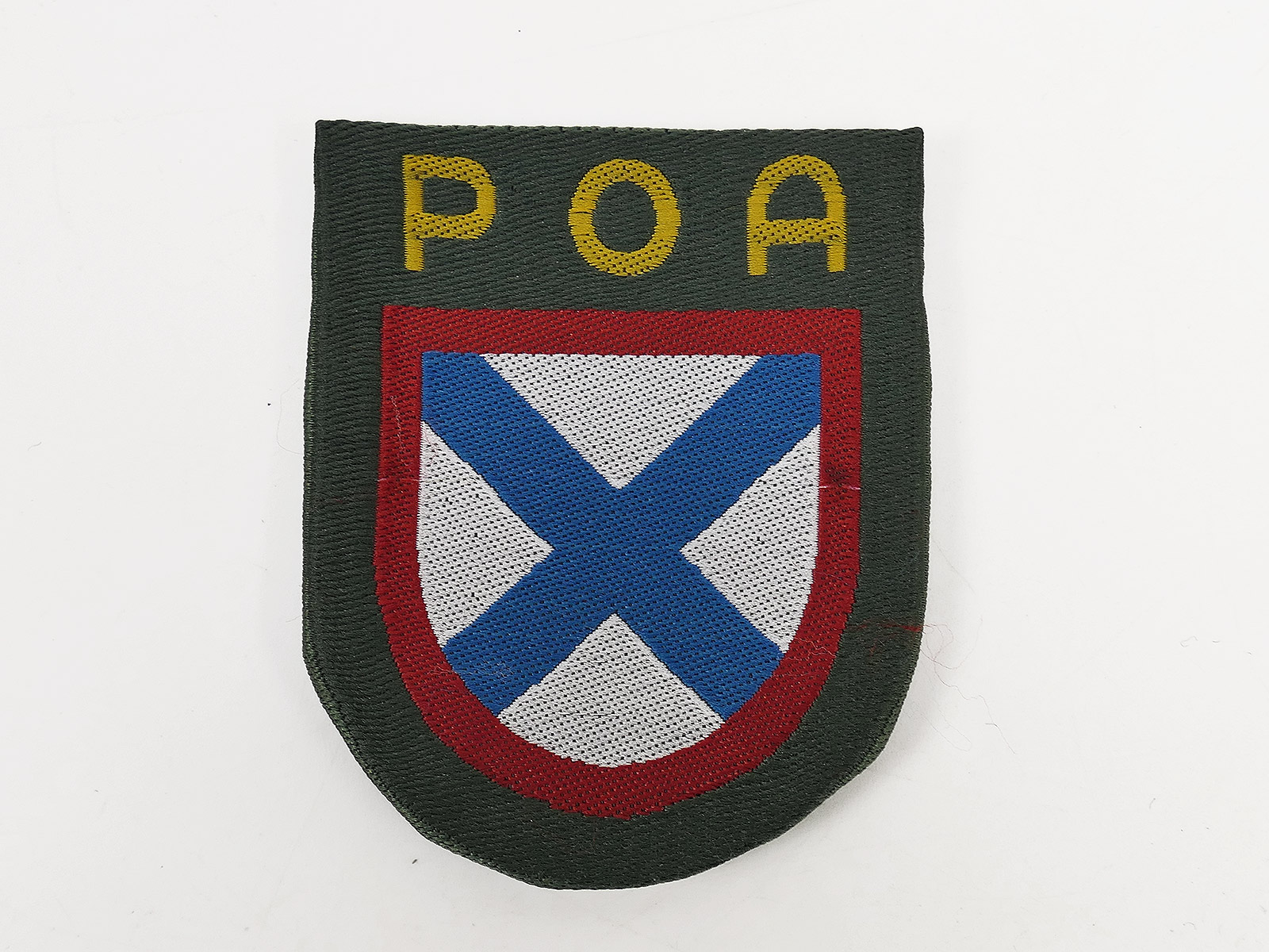 Field jacket sleeve insignia: RUSSIAN LIBERATION ARMY POA Volunteer Division Waffen SS, woven, folded and turned back