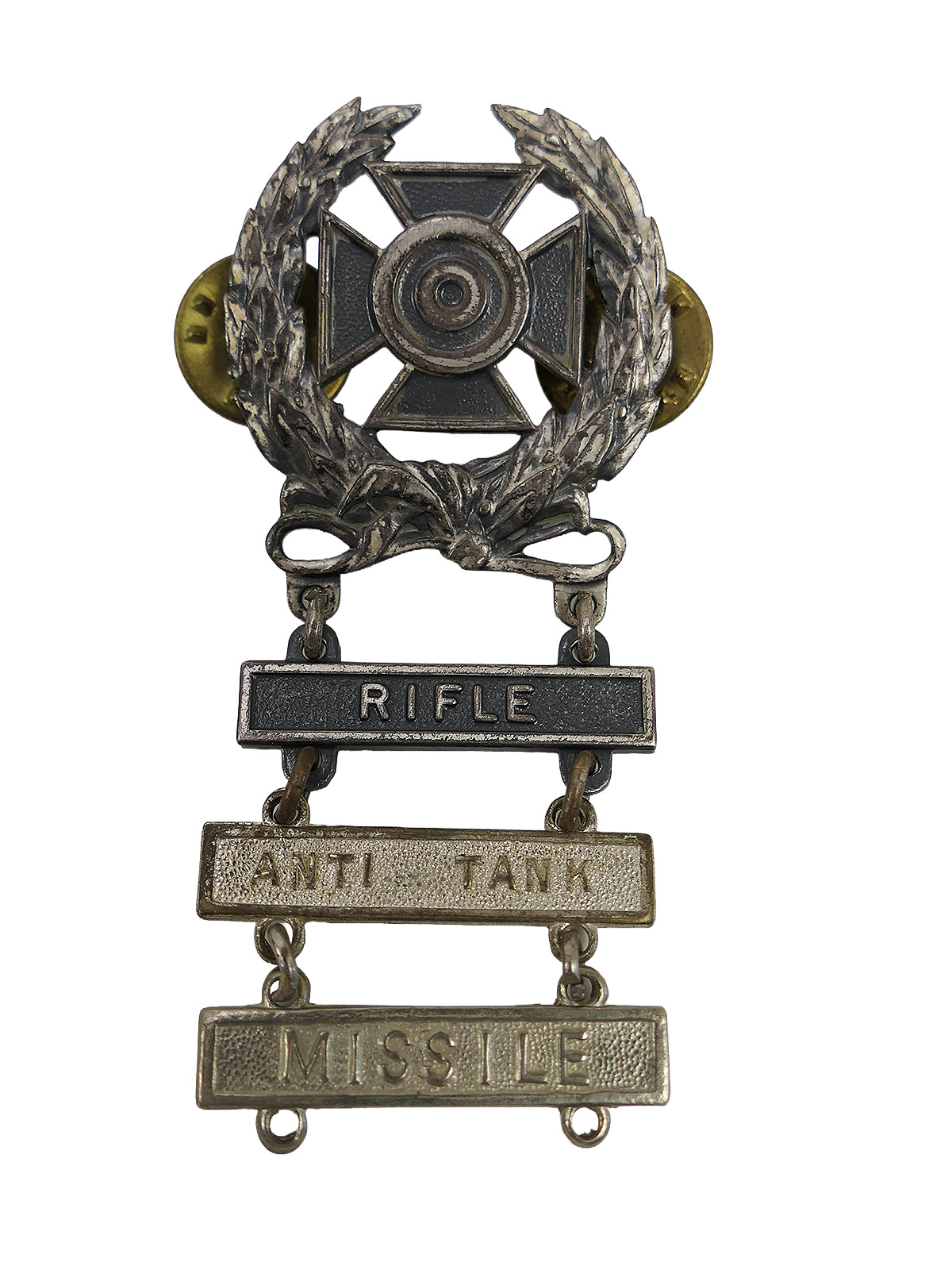 US Army Sharpshooter Badge, 3-piece qualification pin set: Rifle, Anti-Tank Missile, Marksman pins and badges