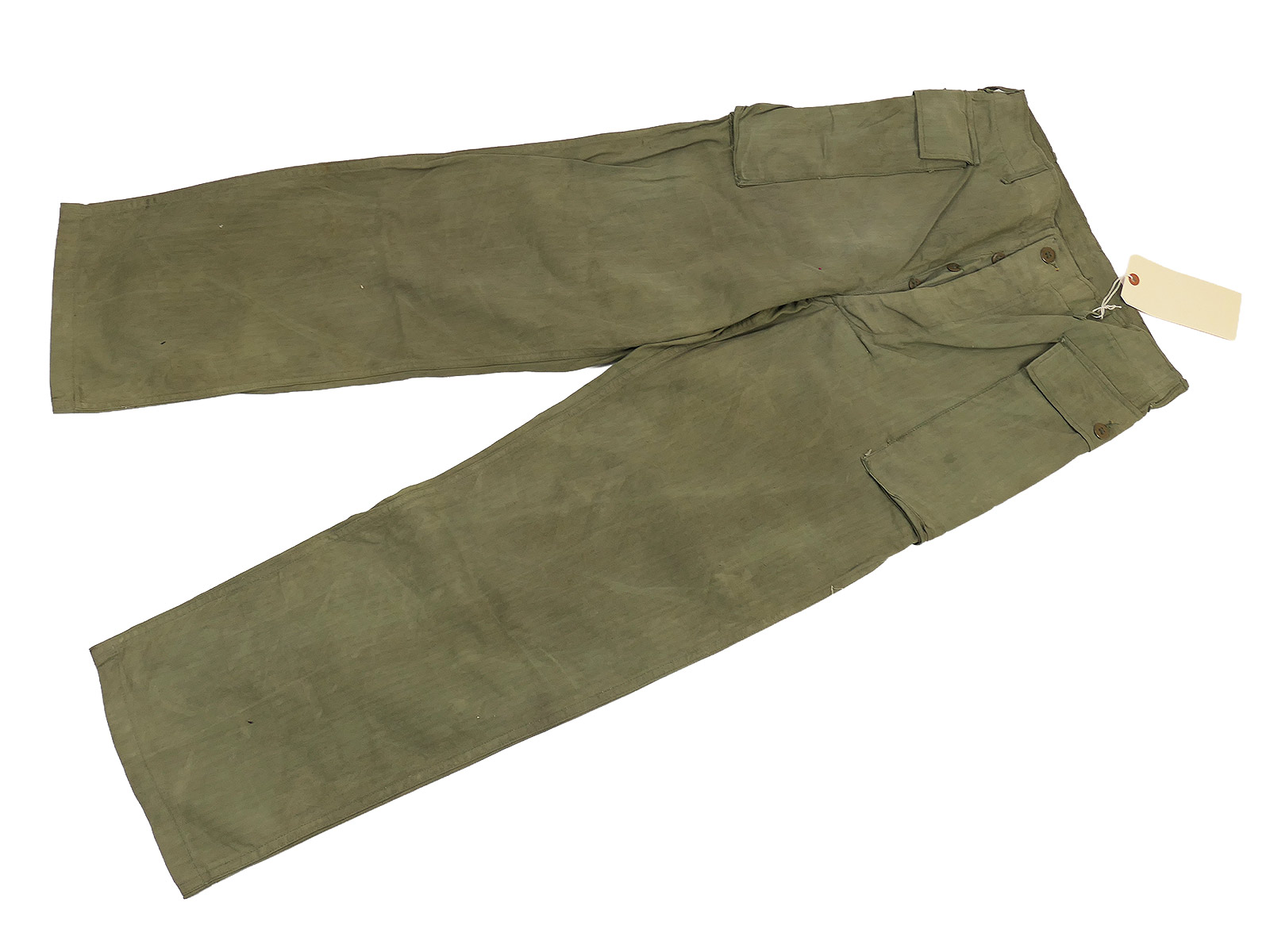 One-off item – Original US WW2 HBT trousers, 2nd pattern field trousers, Battle Worn Collection