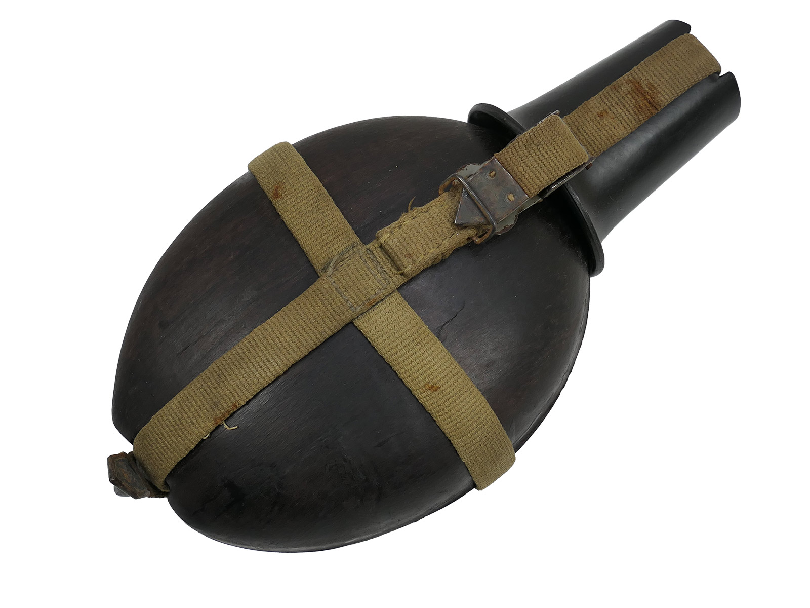 Wehrmacht DAK Afrika Korps coconut-shell field canteen, tropical, H.R.E.42, with cup – COLLECTION, BATTLE-WORN