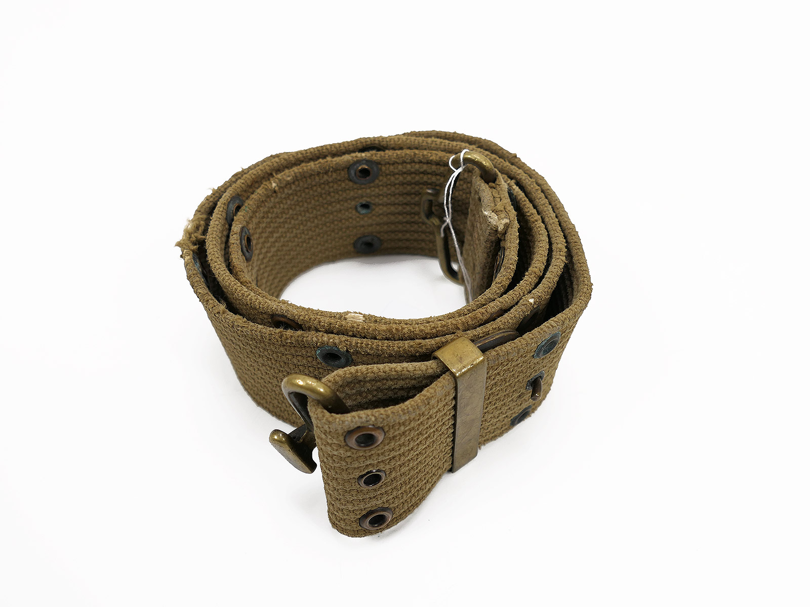 Original US ARMY WW1/WW2 M-1910 Pistol Belt khaki perforated coupling brass / Brass / BATTLE WORN