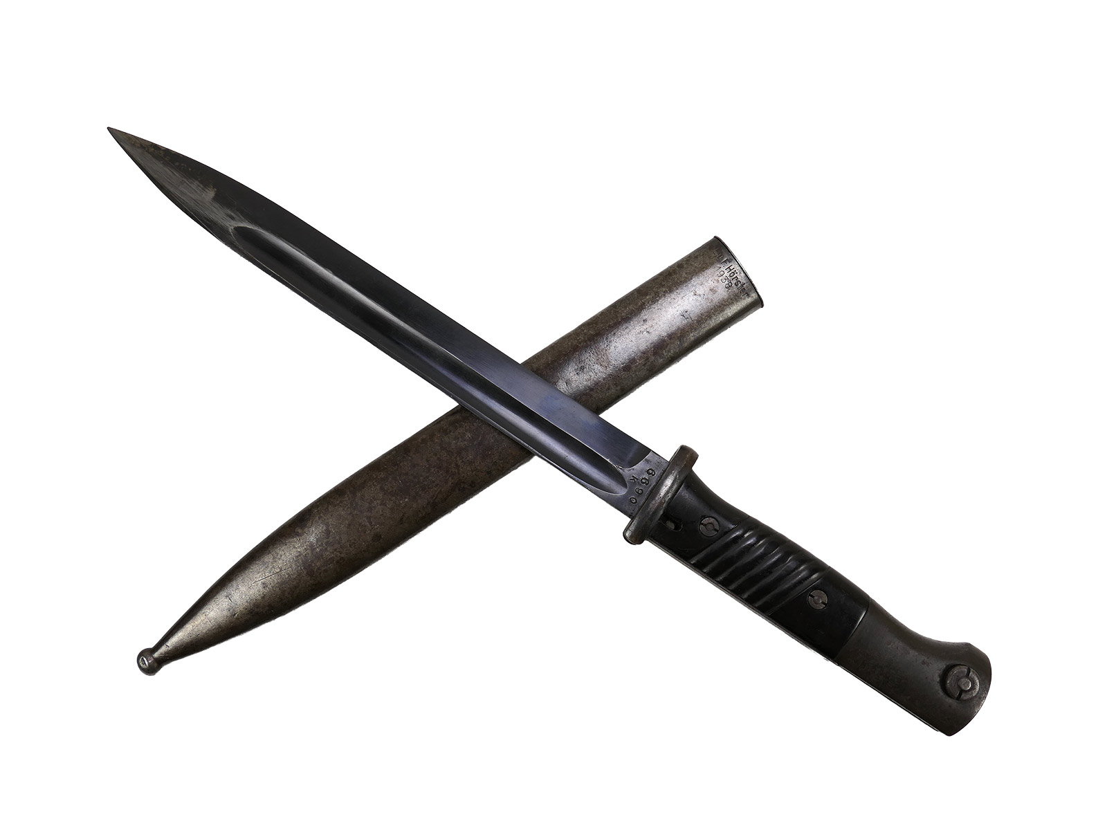 Wehrmacht M84/98 bayonet by Berg & Co, 1938, K98 carbine / fixed bayonet with scabbard, BATTLE-WORN