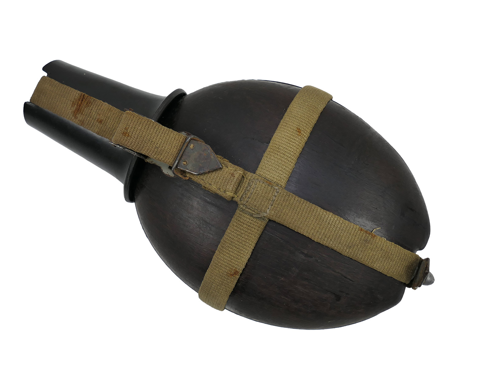 Wehrmacht DAK Afrika Korps coconut-shell field canteen, tropical, H.R.E.42, with cup – COLLECTION, BATTLE-WORN