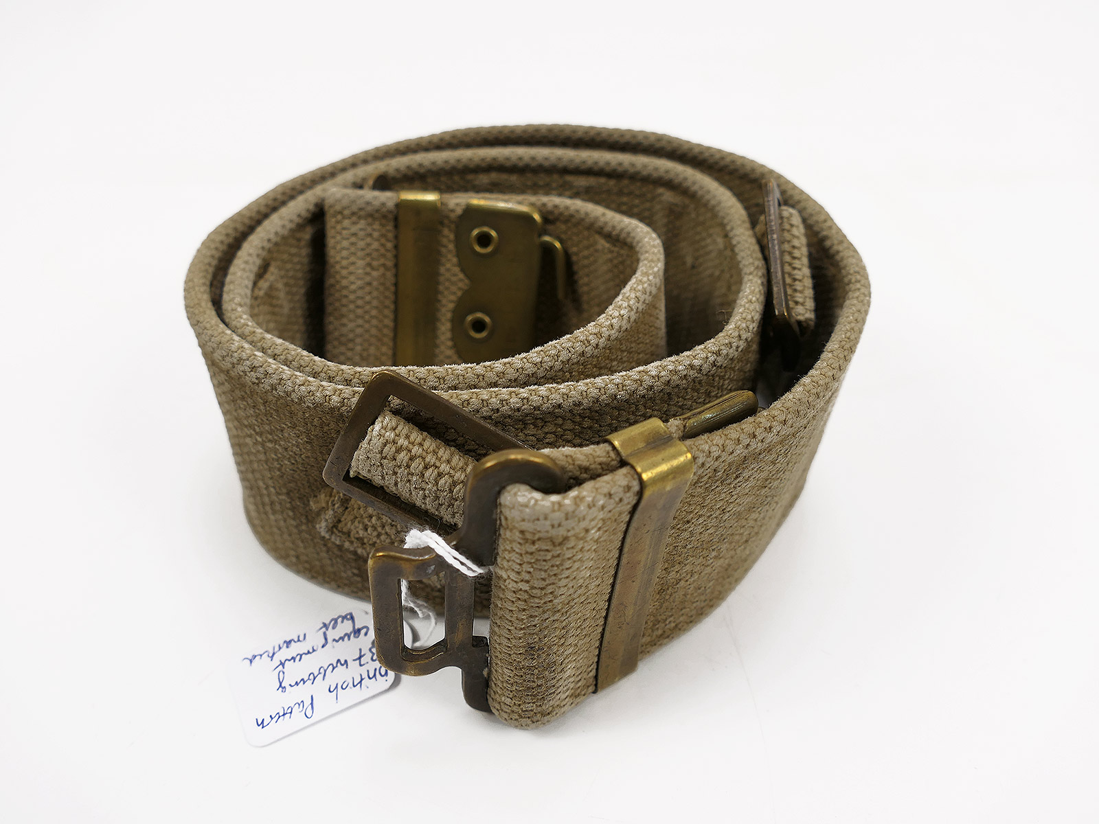 Original British Army WW2 Koppel Webbing Belt, 1937 pattern, approx. 90–95 cm circumference, dated 1943, COLLECTION, BATTLE-WORN