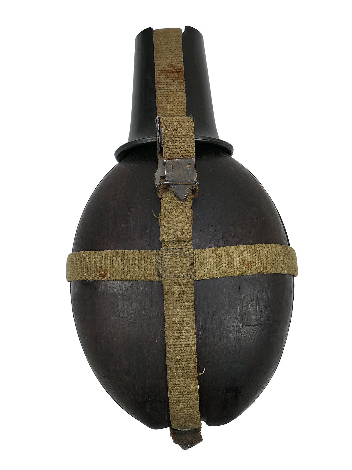 Wehrmacht DAK Afrika Korps coconut-shell field canteen, tropical, H.R.E.42, with cup – COLLECTION, BATTLE-WORN