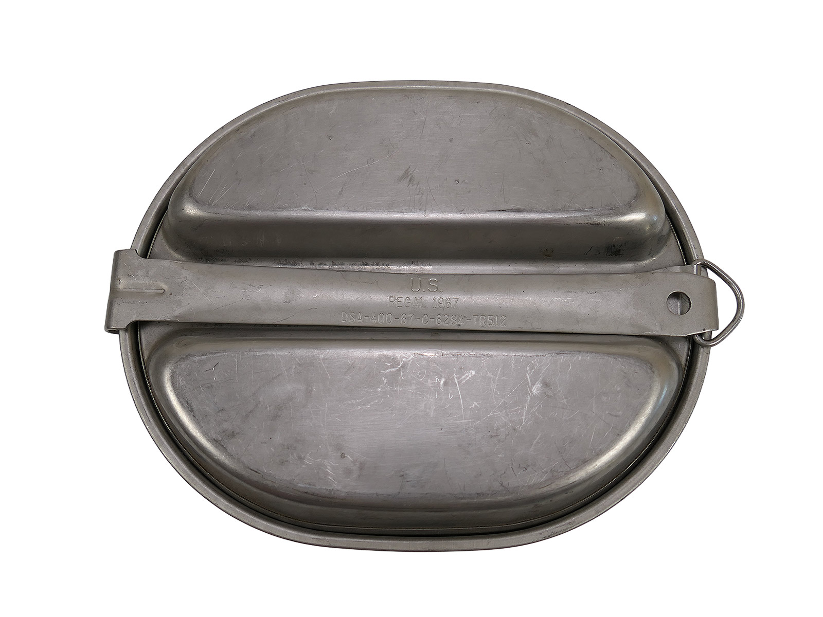 #06/ Original US Army mess kit, VIETNAM 1960s cookware, canteen rack, 1967 COLLECTION, BATTLE-WEARED