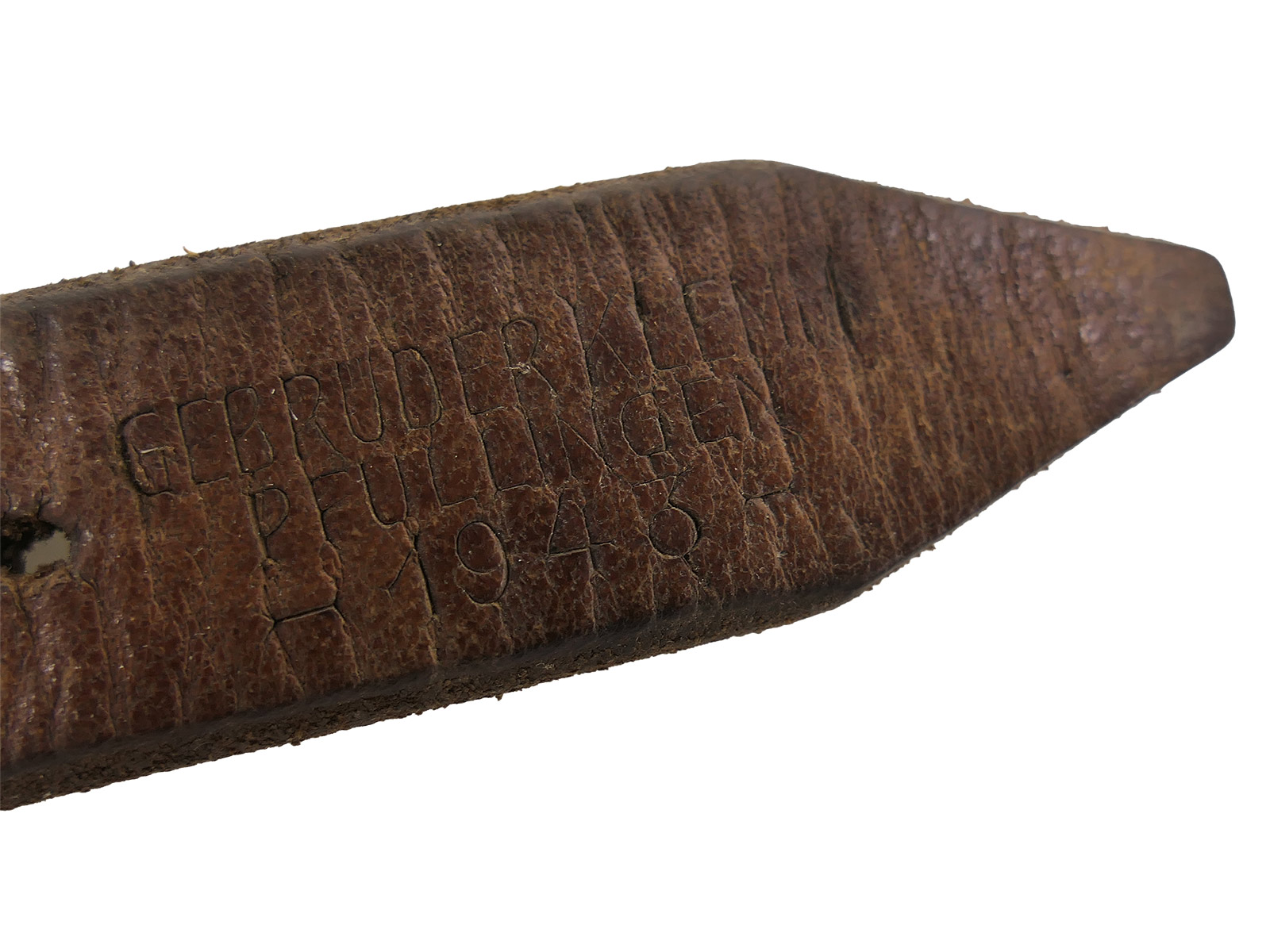 #1/ Wehrmacht knapsack strap – leather strap made from tent fabric, dated 1943 – COLLECTION BATTLE WORN