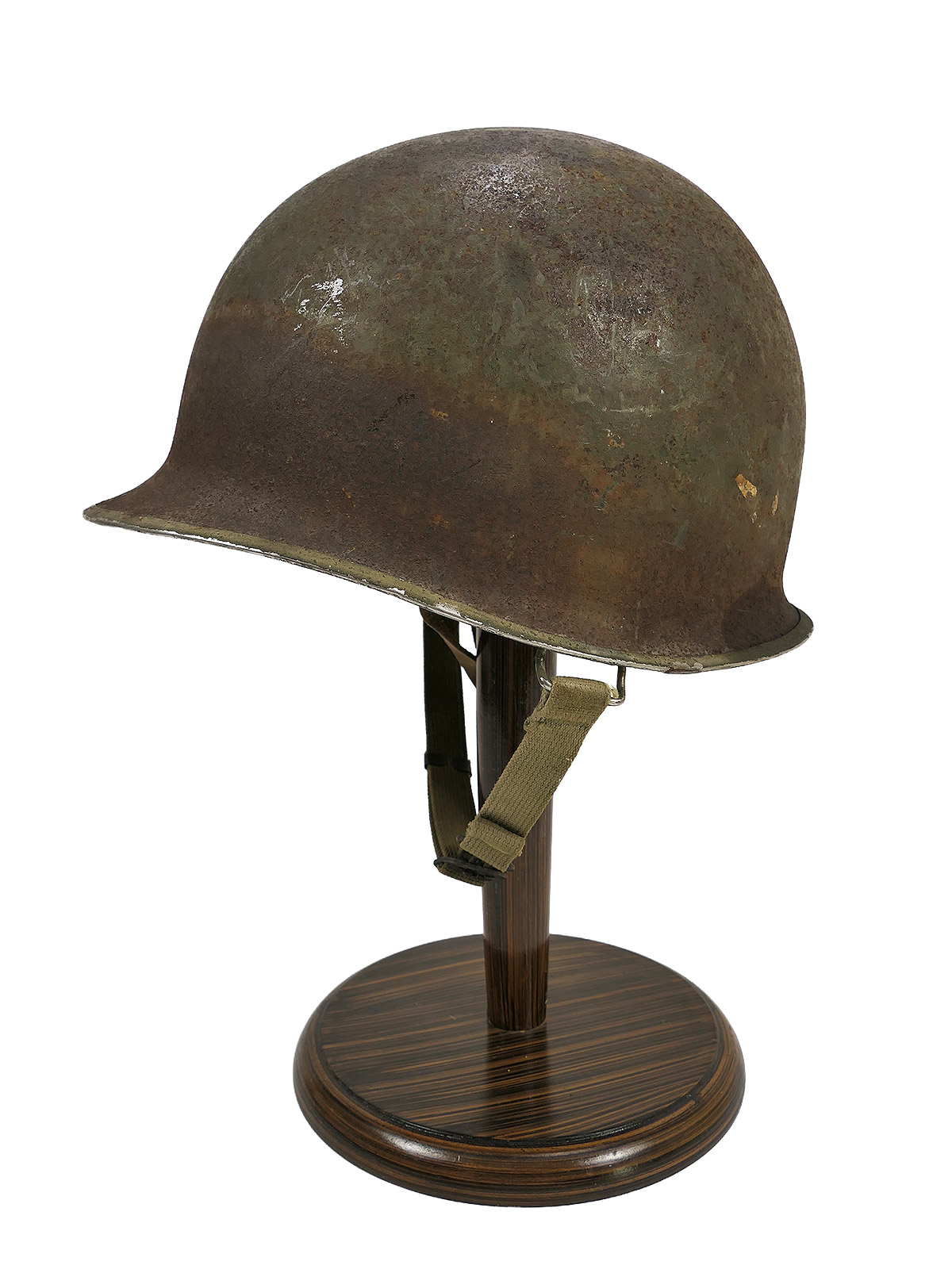 US Army WW2 M1 Front Seam Swivel Bale Helmet (Stahlhelm) with liner / chin strap – battle-worn 