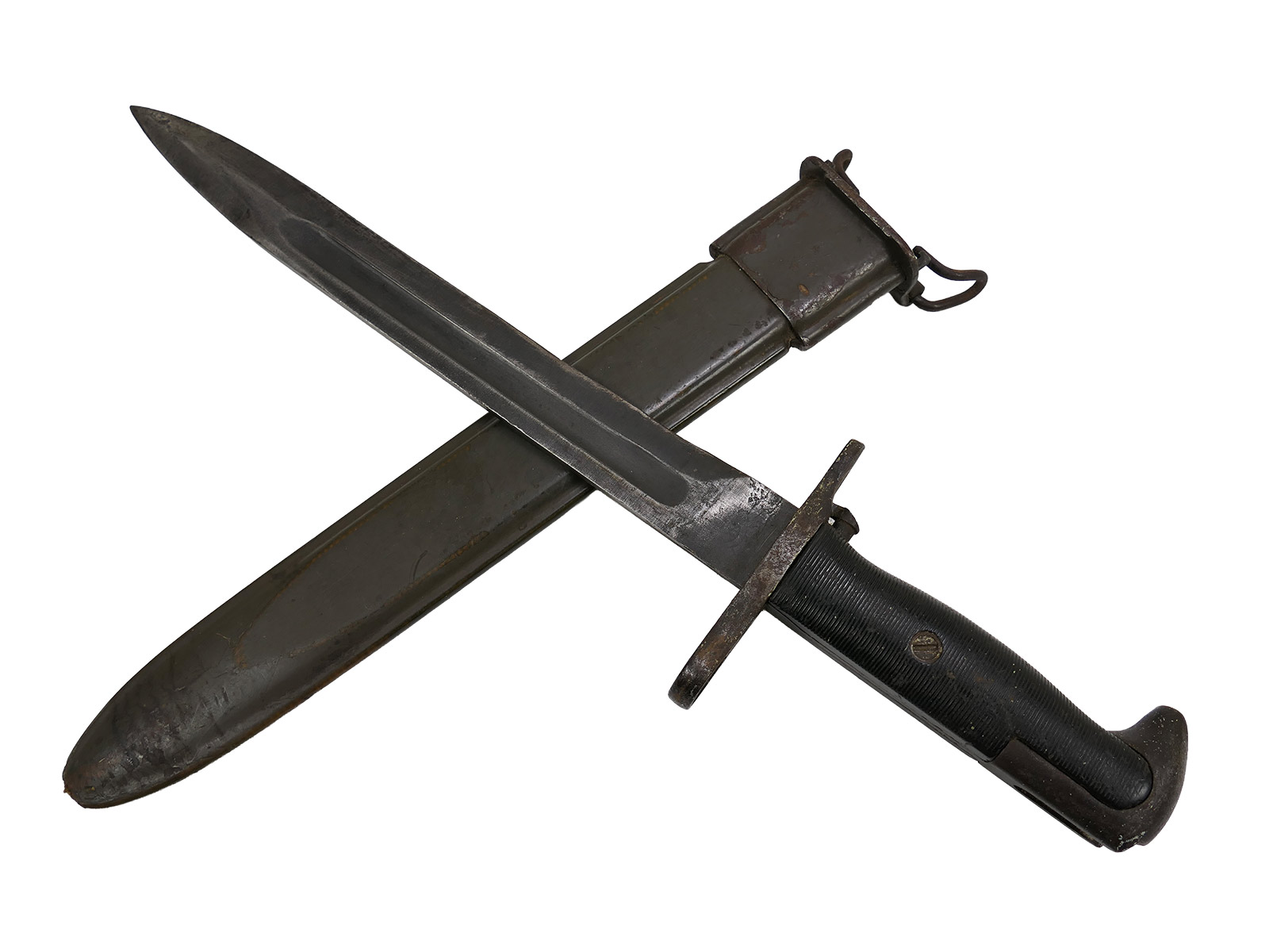 US Army WW2 M1 bayonet in scabbard for the M1 Garand carbine / Collection: BATTLE WORN