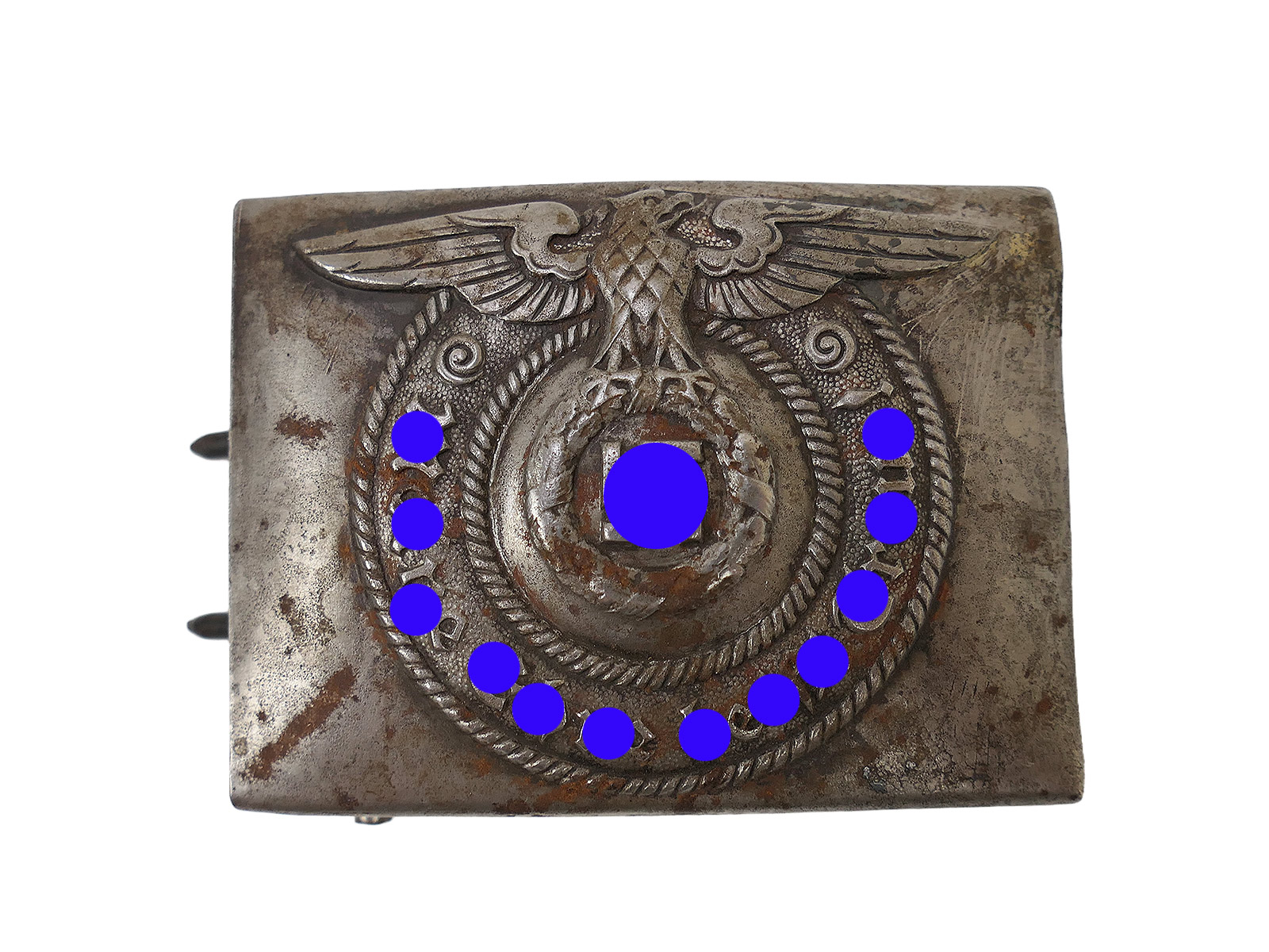 Waffen SS RZM belt buckle, iron, with a lovely patina, boxed belt buckle 