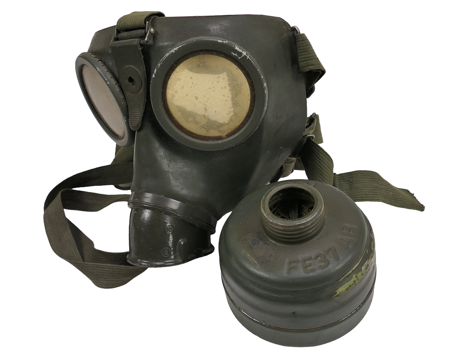 Wehrmacht gas mask, Model 1938, protective mask, Size 3, btc41, rubber with filter, BATTLE WORN