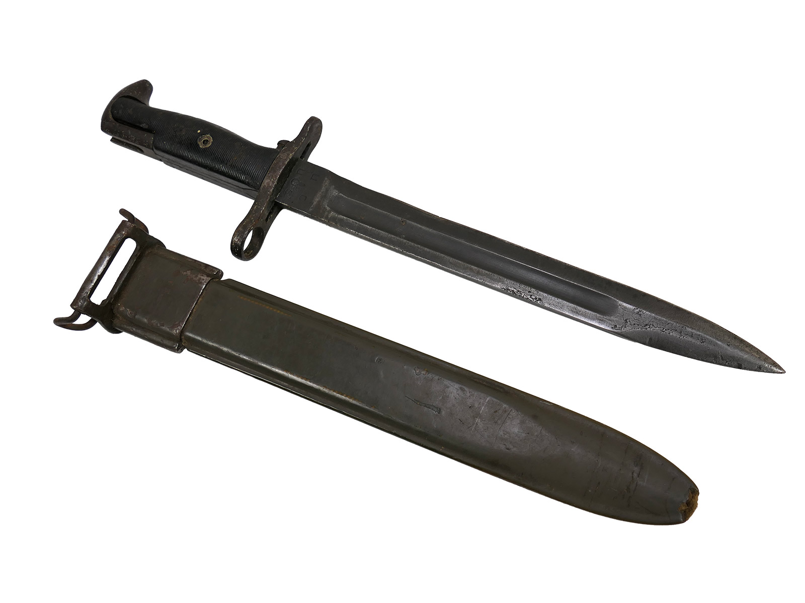 US Army WW2 M1 bayonet in scabbard for the M1 Garand carbine / Collection: BATTLE WORN