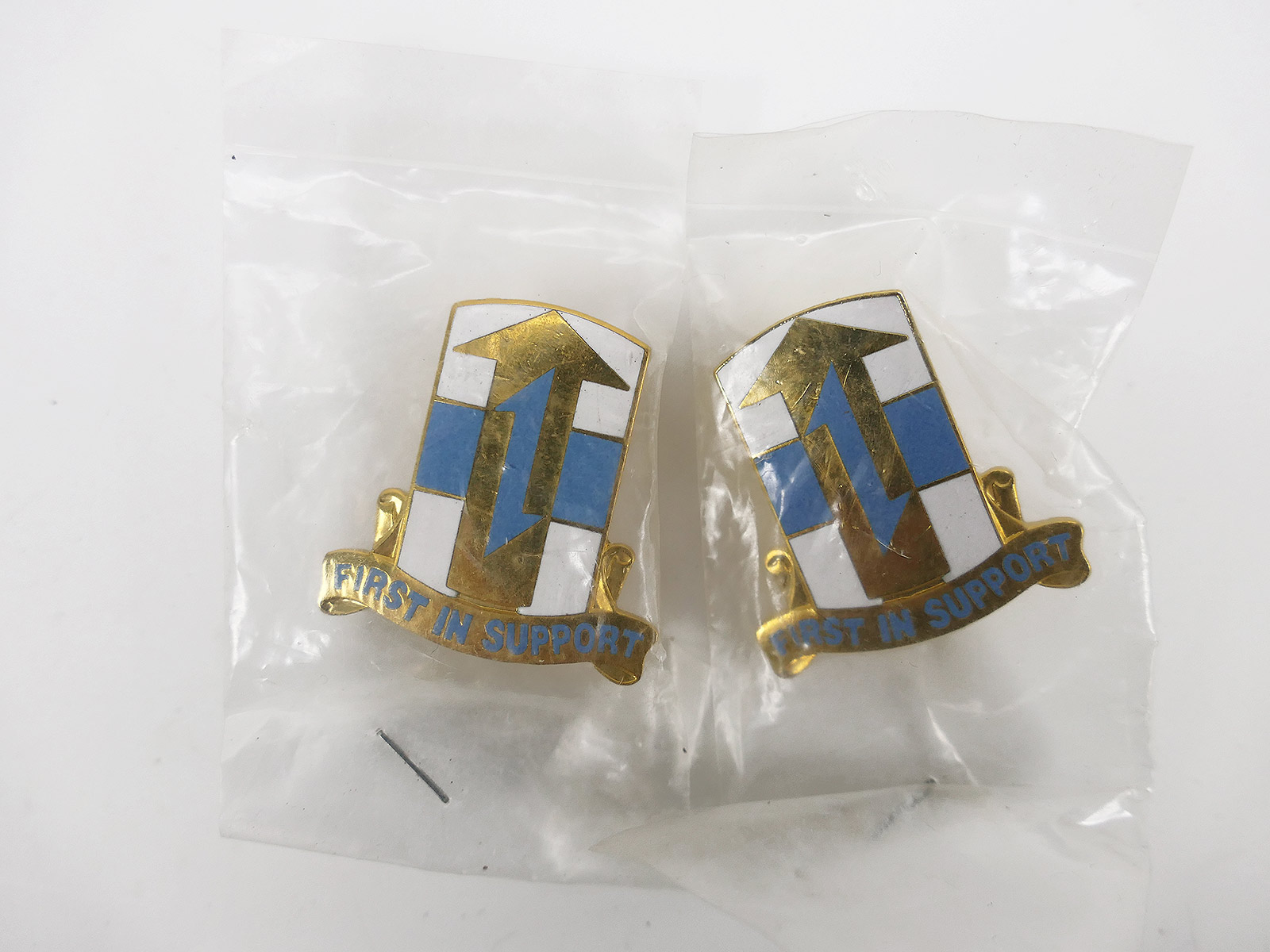 PAIR Original US Army Crest Pin 21st Theatre Sustainment Command Unit First In Support Badge