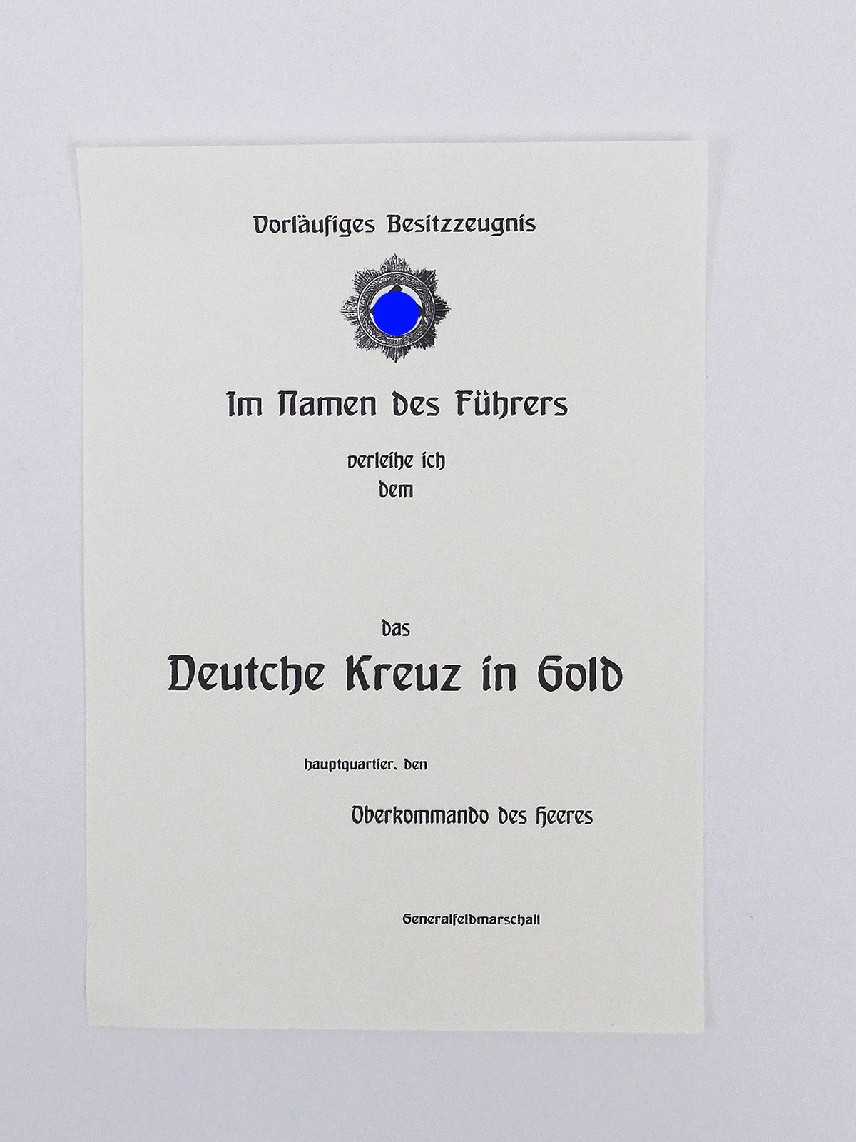 P1056307 A5 blank certificate German Cross in gold award certificate OKW