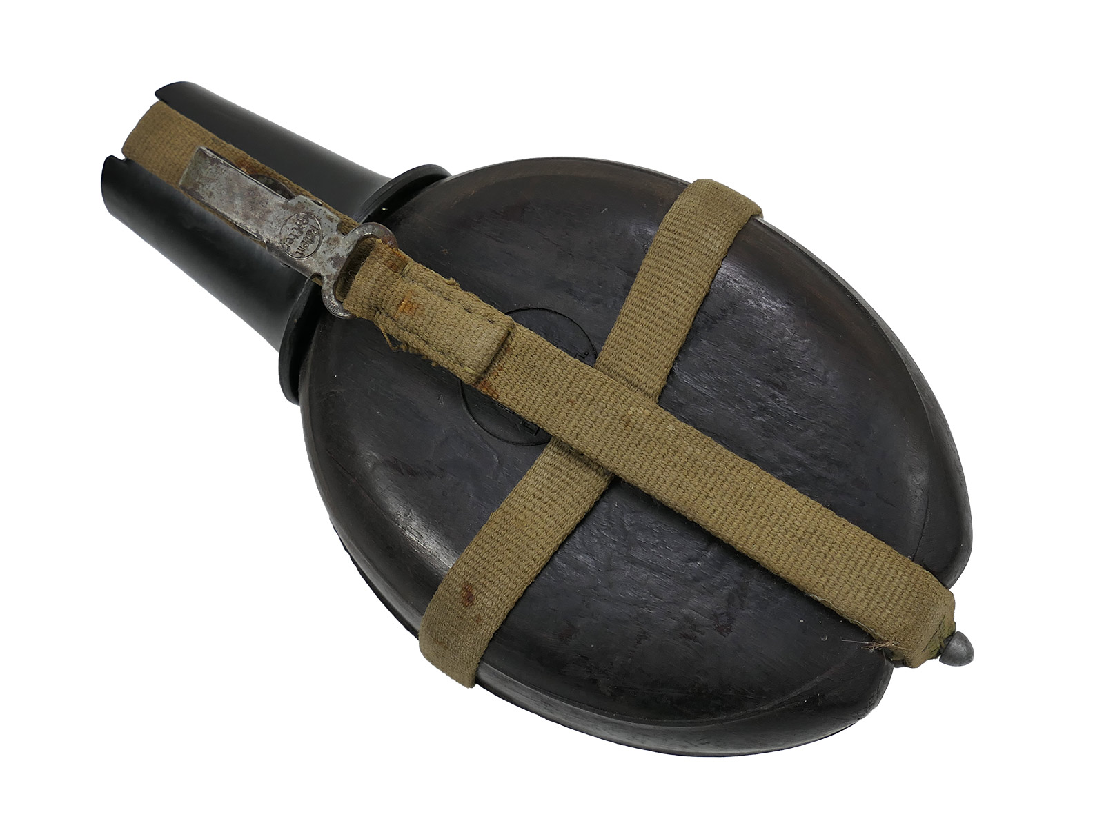 Wehrmacht DAK Afrika Korps coconut-shell field canteen, tropical, H.R.E.42, with cup – COLLECTION, BATTLE-WORN