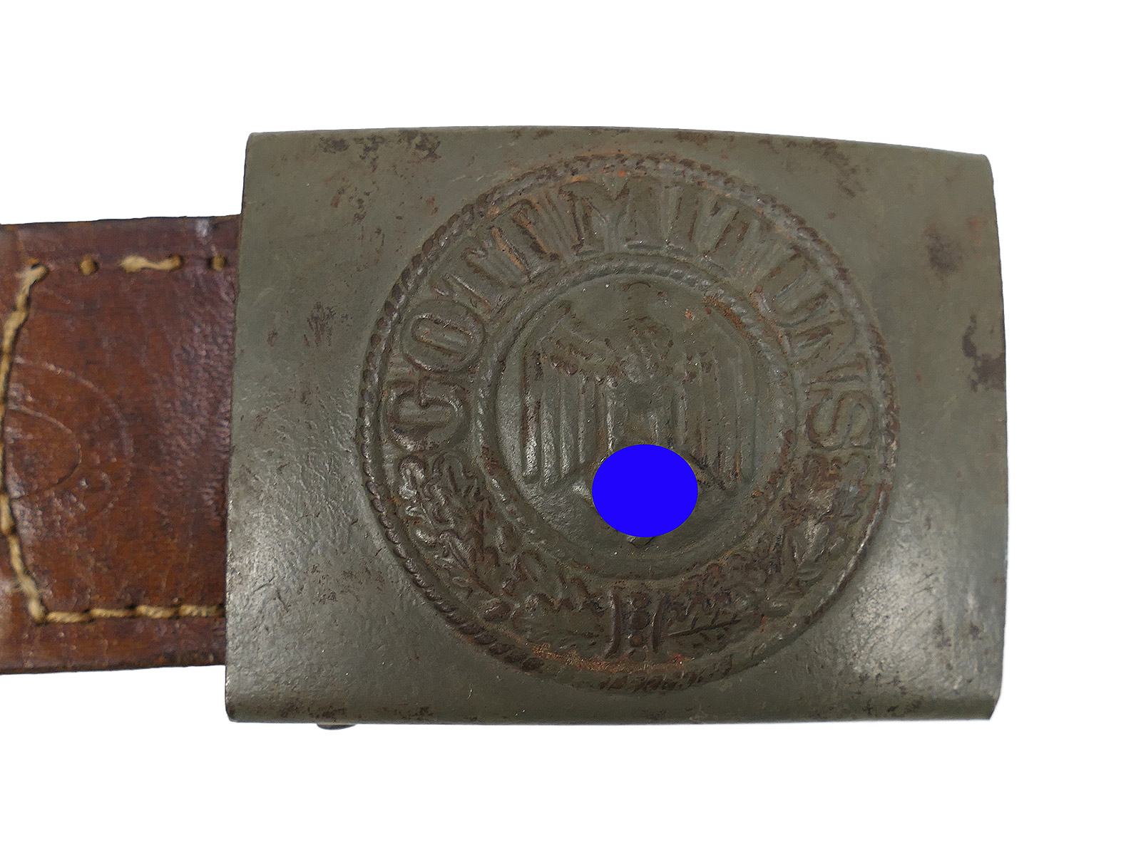 Wehrmacht belt buckle by C.W. Motz, 1941, Brandenburg/Havel, with leather tongue – COLLECTION BATTLE WORN