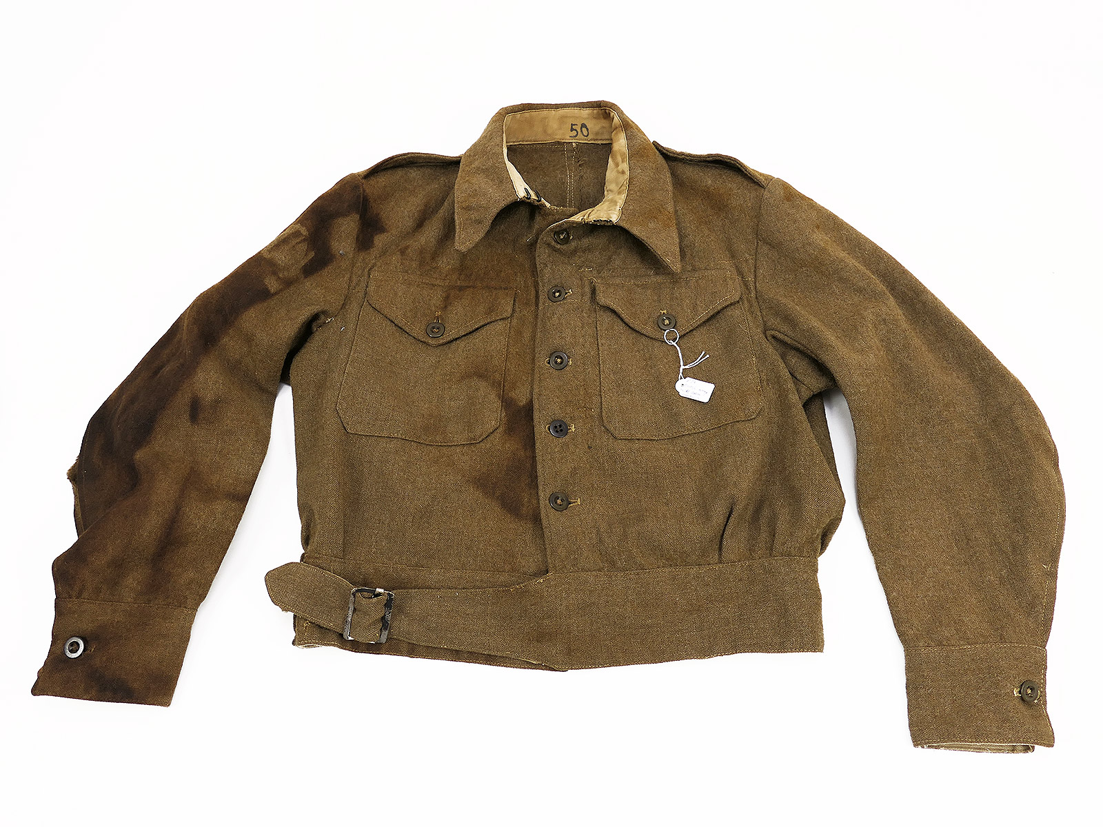 GB British Army BD Battle Dress Blouse Wool Jacket, 1937 Pattern Field Blouse, COMBAT WORN, with burn damage