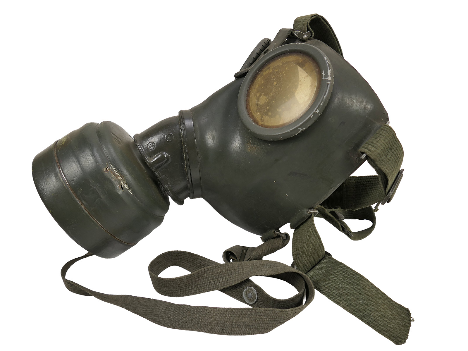 Wehrmacht gas mask, Model 1938, protective mask, Size 3, btc41, rubber with filter, BATTLE WORN