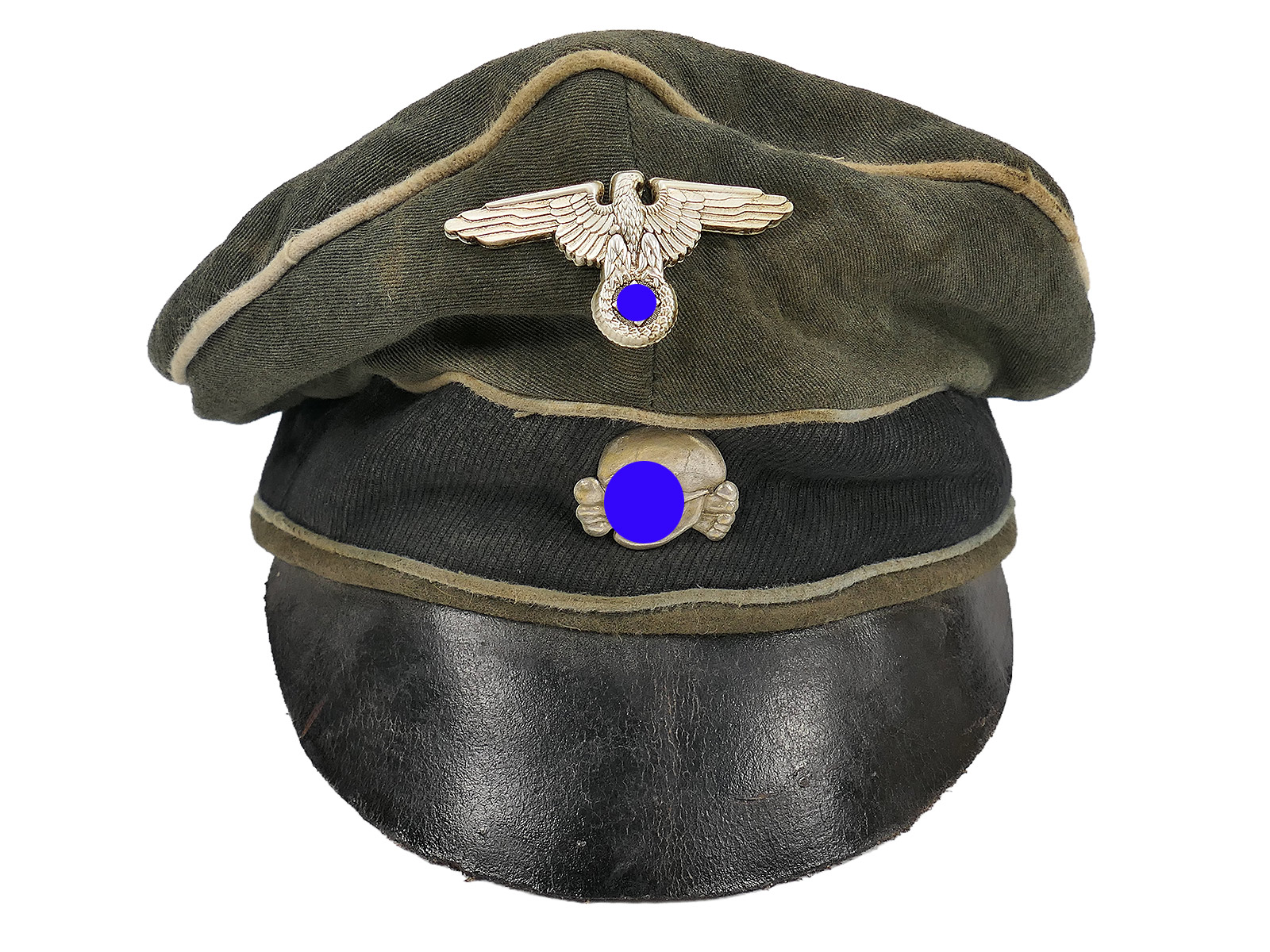 Waffen SS infantry cap ‘Crusher’ with metal detailing, knapsack, flat cap – BATTLE WORN