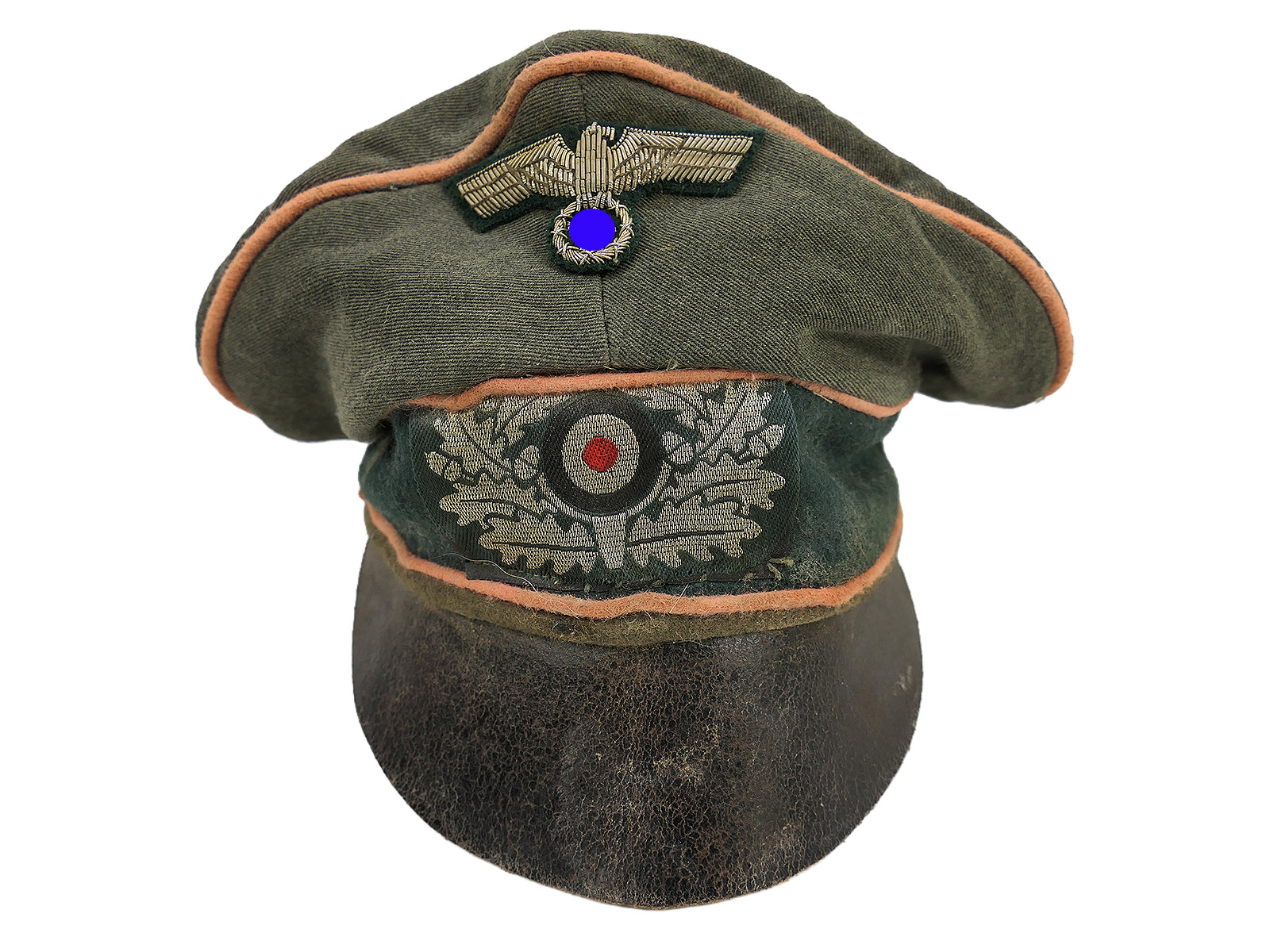 Wehrmacht peaked cap, officer’s, tank, tank destroyer, ‘Crusher’ cap with effects, knapsack, crumpled cap, BATTLE WORN 