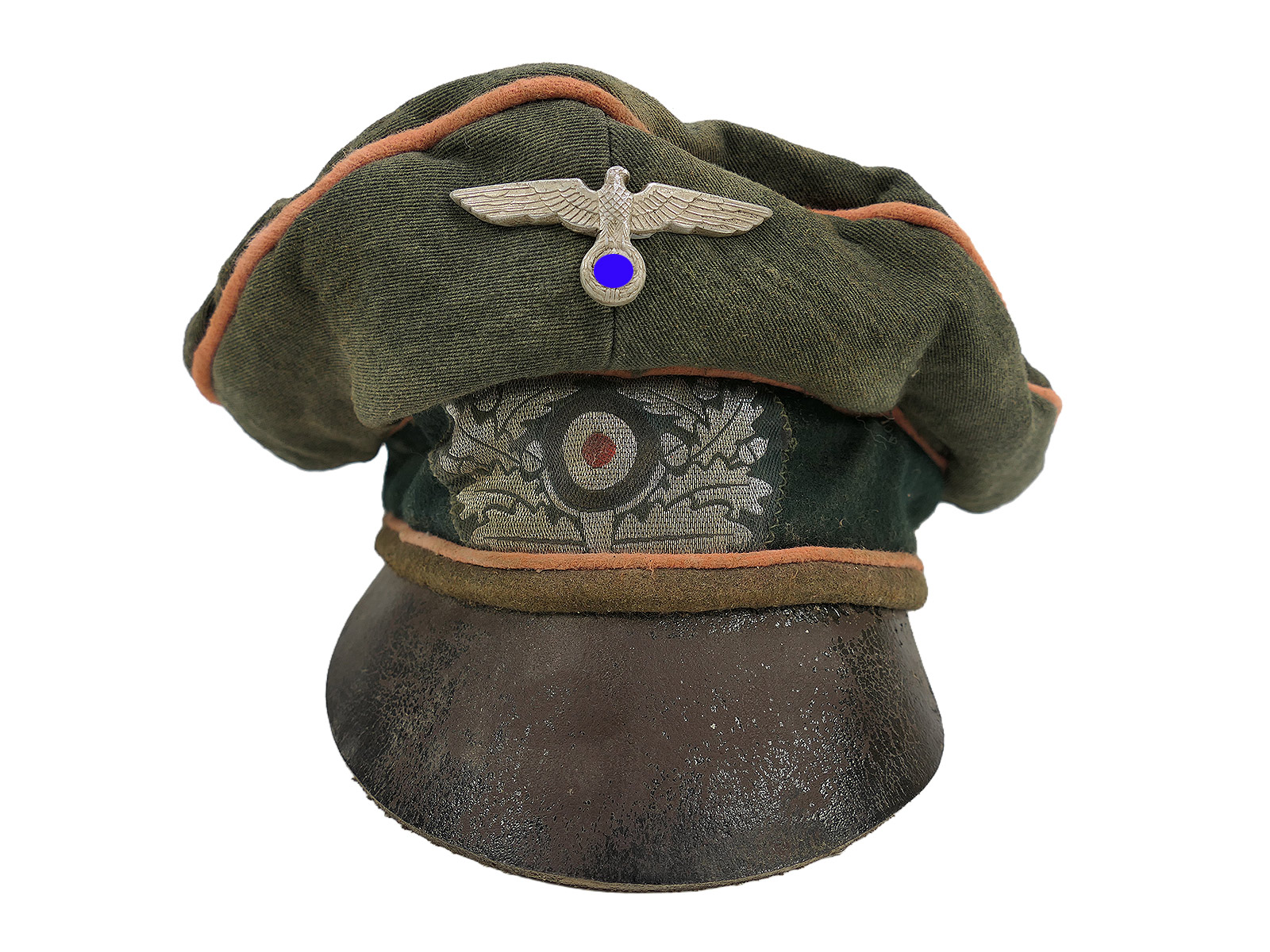 Wehrmacht peaked cap, officer’s, tank, tank destroyer, ‘Crusher’ cap with effects, knapsack, crumpled cap, BATTLE WORN