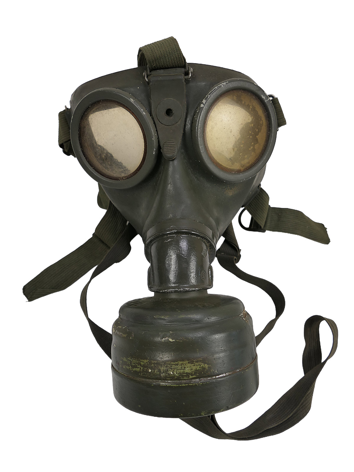 Wehrmacht gas mask, Model 1938, protective mask, Size 3, btc41, rubber with filter, BATTLE WORN