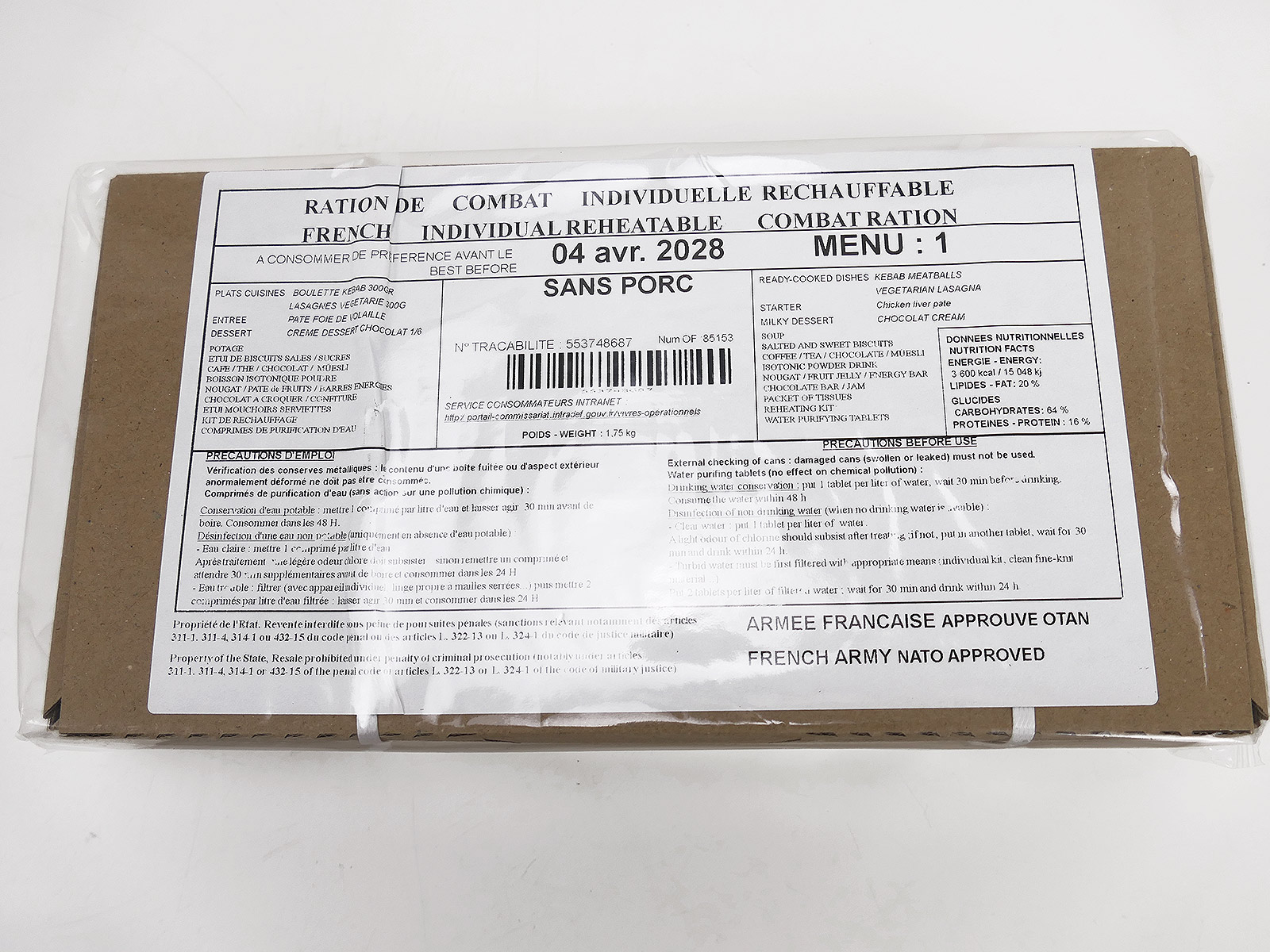 1x French ARMY EPA MRE 1x Combat Ration MEAL BOX Menu "1" Kebab Meat / Lasagne 24h