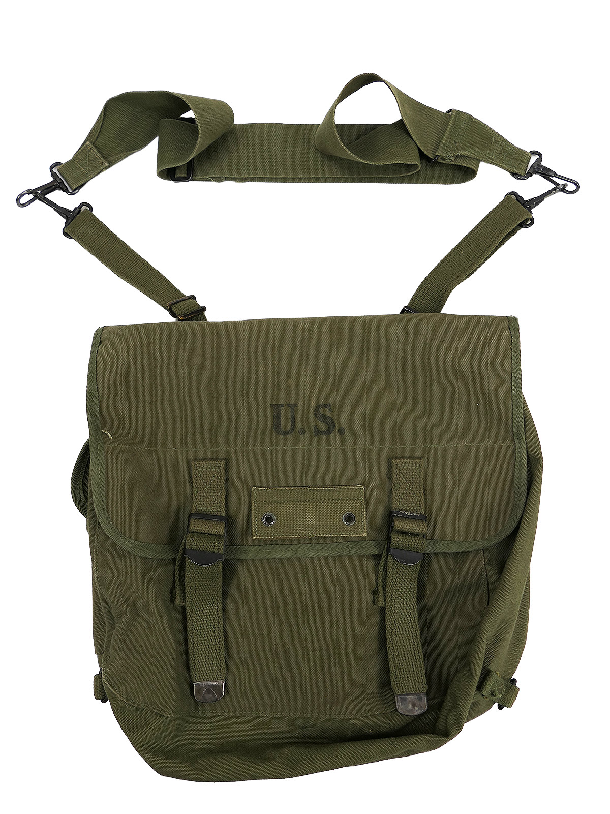Original US Army WW2 Musette Bag M-1936, olive, with carrying strap – 1944 Collection, BATTLE WORN