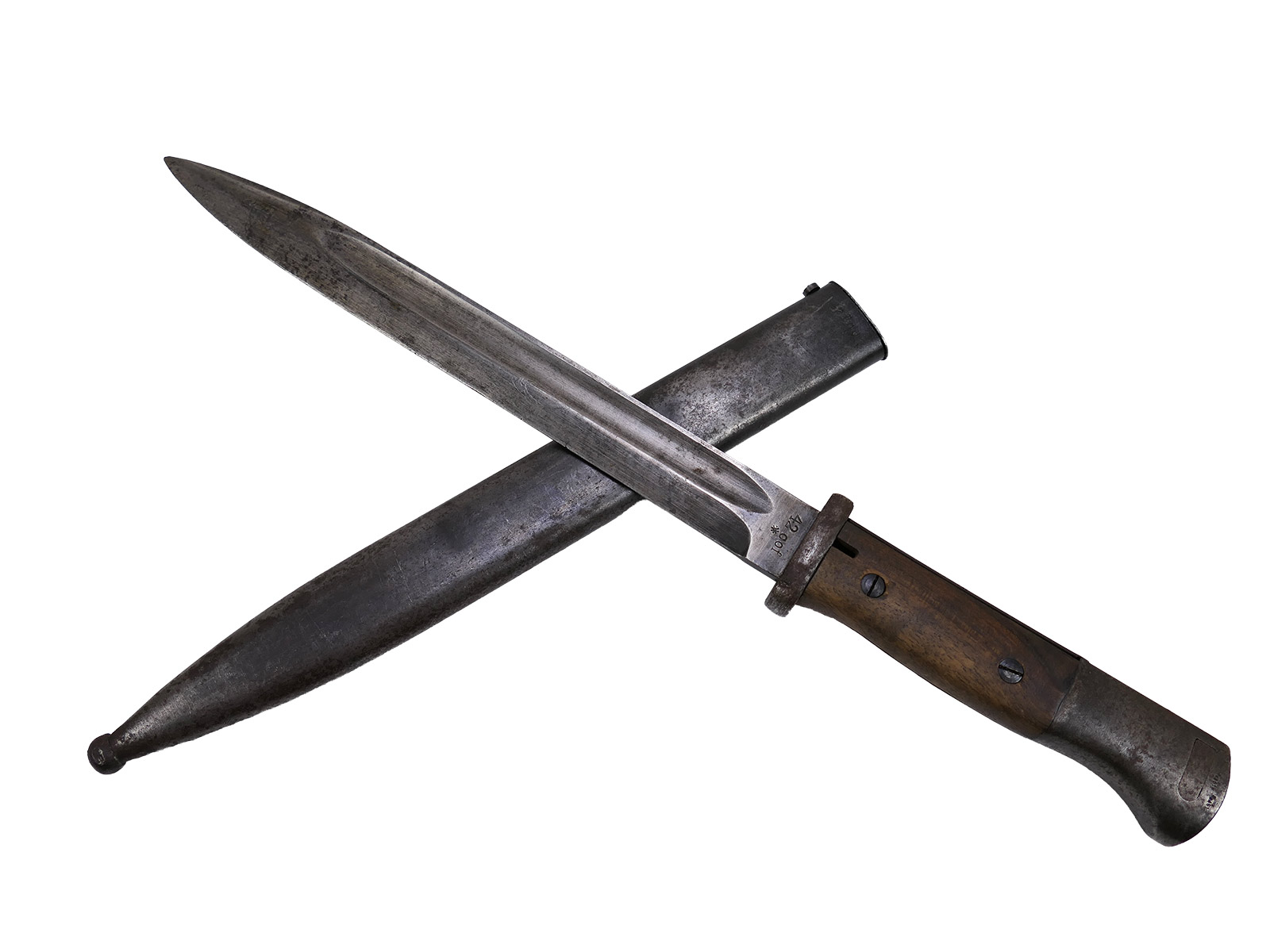 Wehrmacht M84/98 bayonet (cof42) for the K98 carbine / sidearm with scabbard, BATTLE-WORN