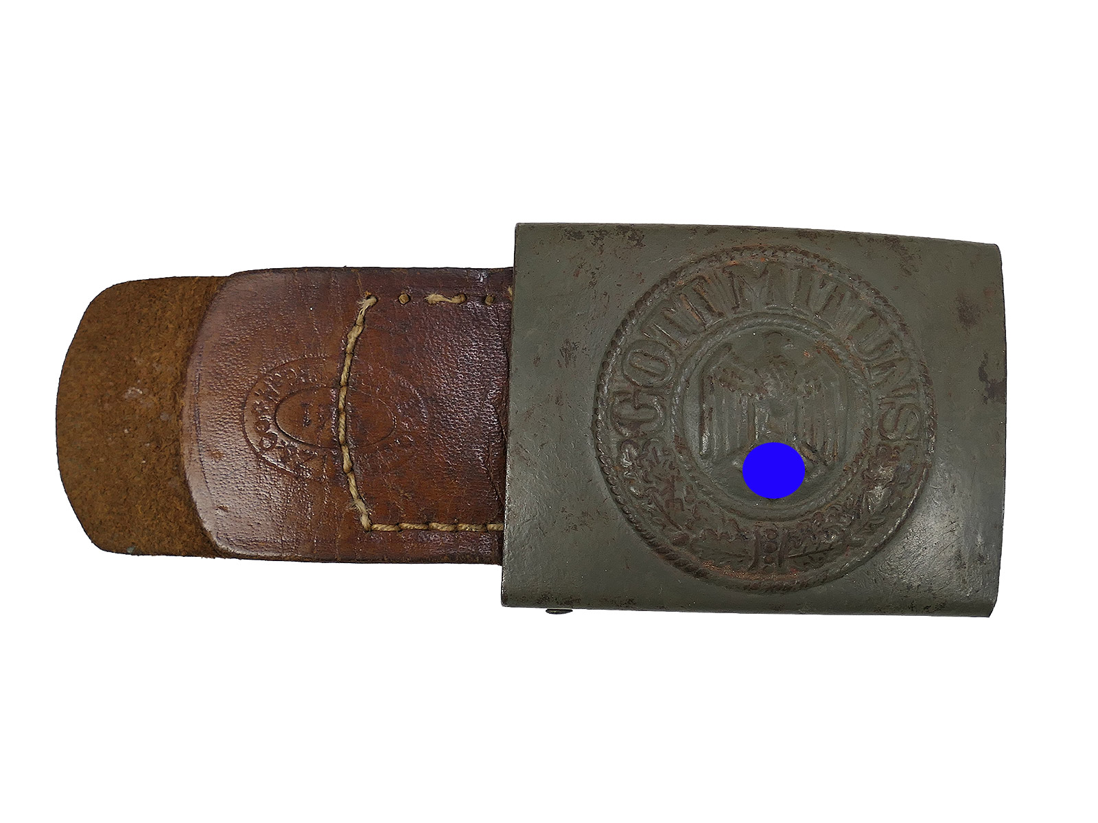Wehrmacht belt buckle by C.W. Motz, 1941, Brandenburg/Havel, with leather tongue – COLLECTION BATTLE WORN