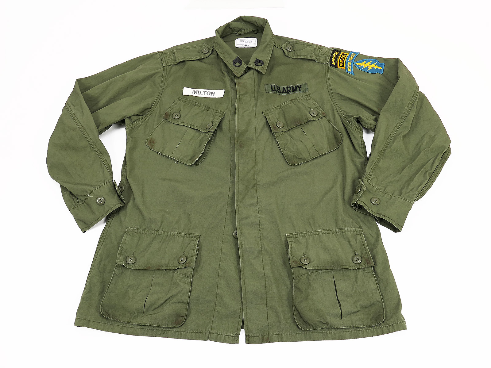 Vintage US Army M64 Jungle Jacket (film prop) with patches – MILTON Special Forces Vietnam, olive – Size: Large