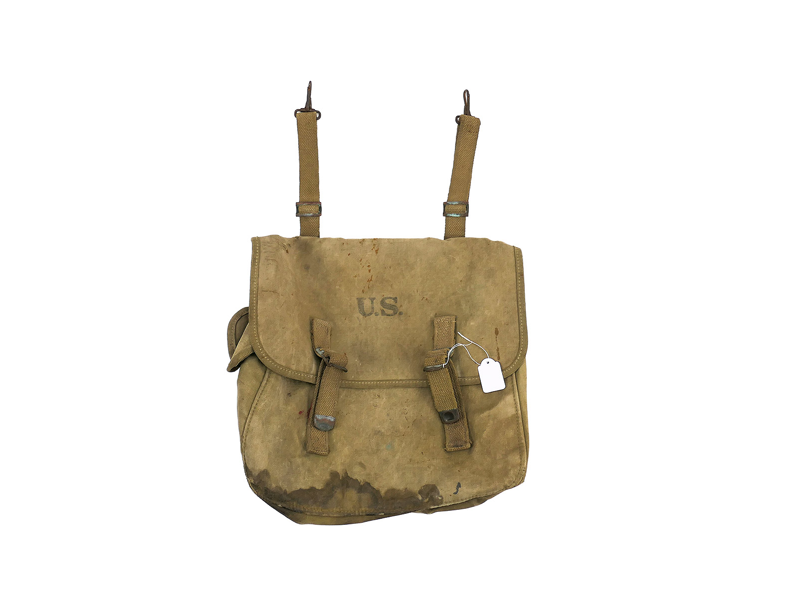 Original US Army WW2 rubberised musette bag M-1936, khaki / Collection: Battle-worn, Normandy