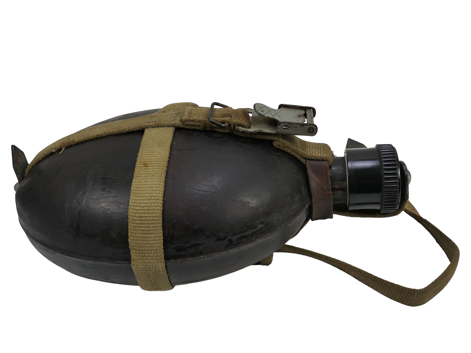 Wehrmacht DAK Afrika Korps coconut-shell field canteen, tropical, H.R.E.42, with cup – COLLECTION, BATTLE-WORN
