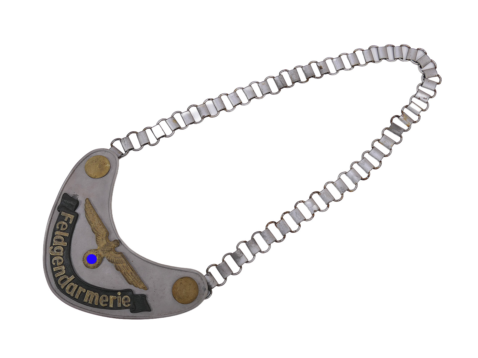 Wehrmacht ring-collar field gendarmerie collar badge (Army) with chain, from a collection being wound up