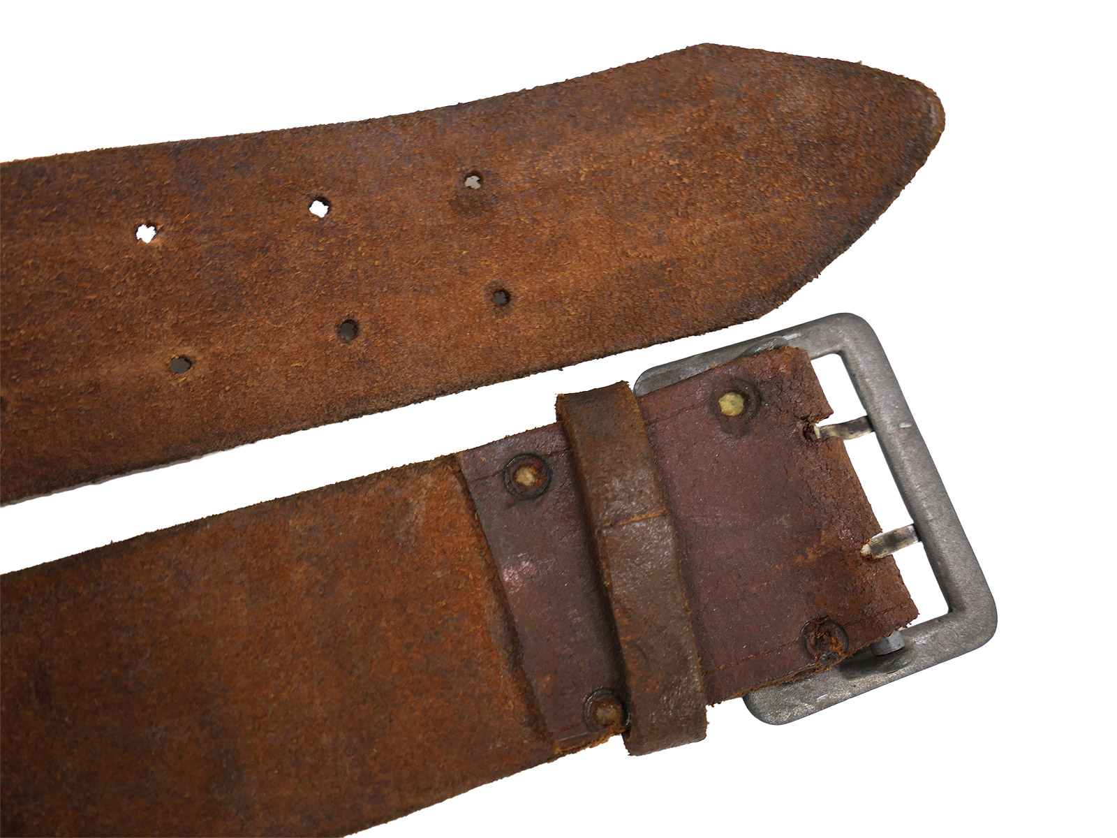 Antique officer’s double-pronged belt, brown, 45mm, leather belt, brown, total length 106cm, BATTLE WORN