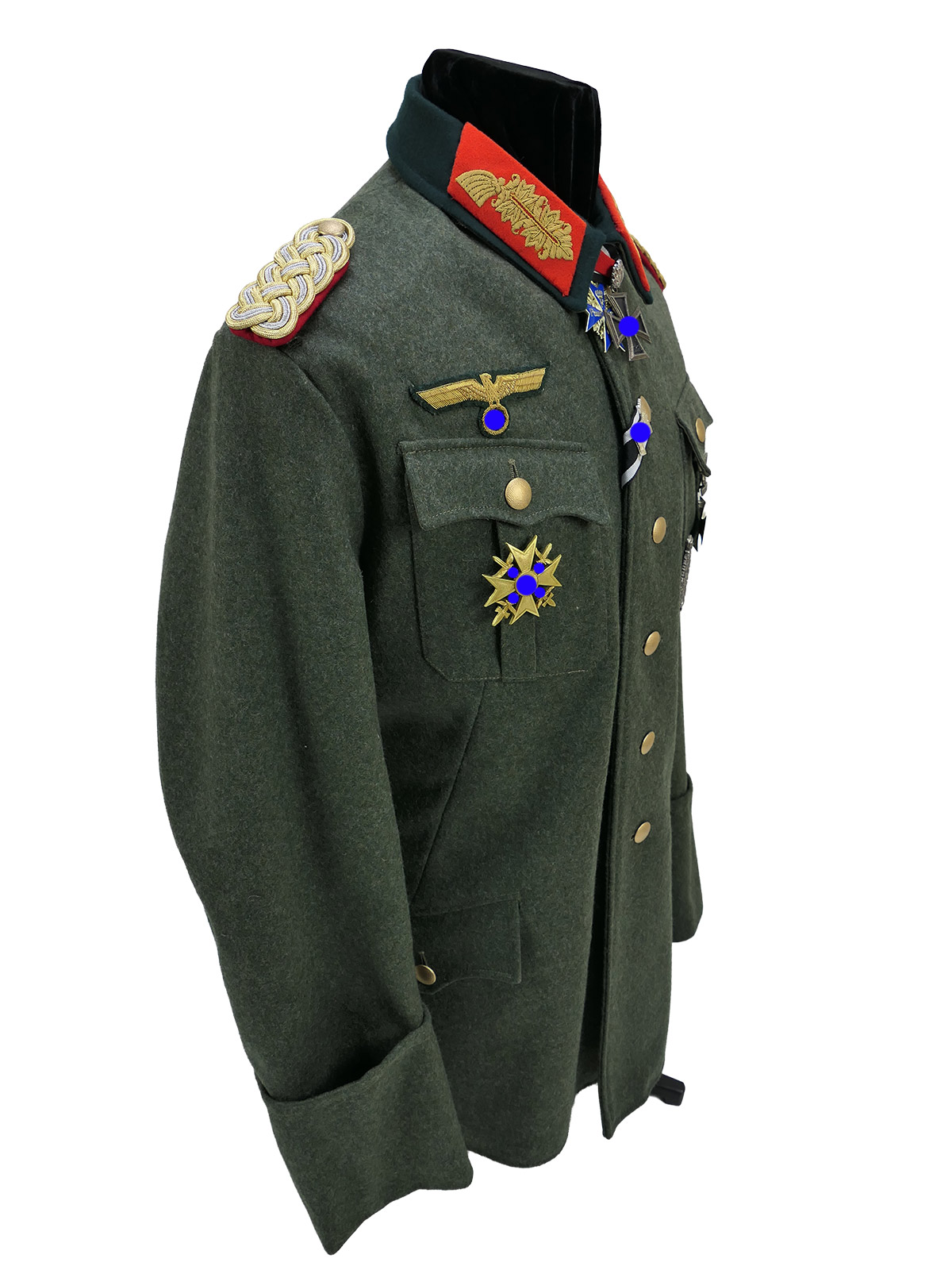 Wehrmacht M36 uniform field tunic, General’s Grade 54, with Knight’s Cross of the Pour le Mérite and the Spain Cross, worn